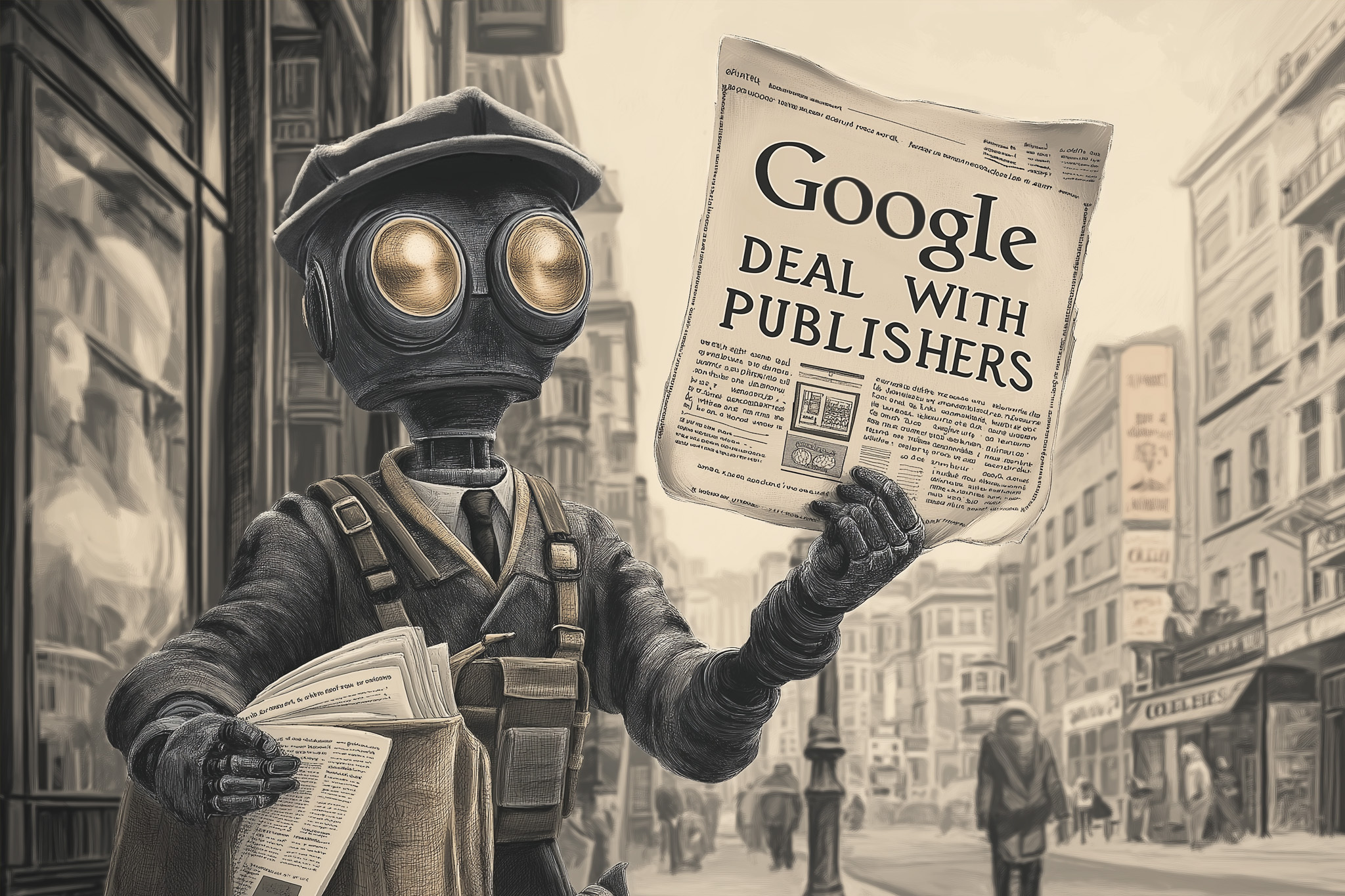 Illustration of a robot holding a newspaper with the headline "Google deal with publishers"