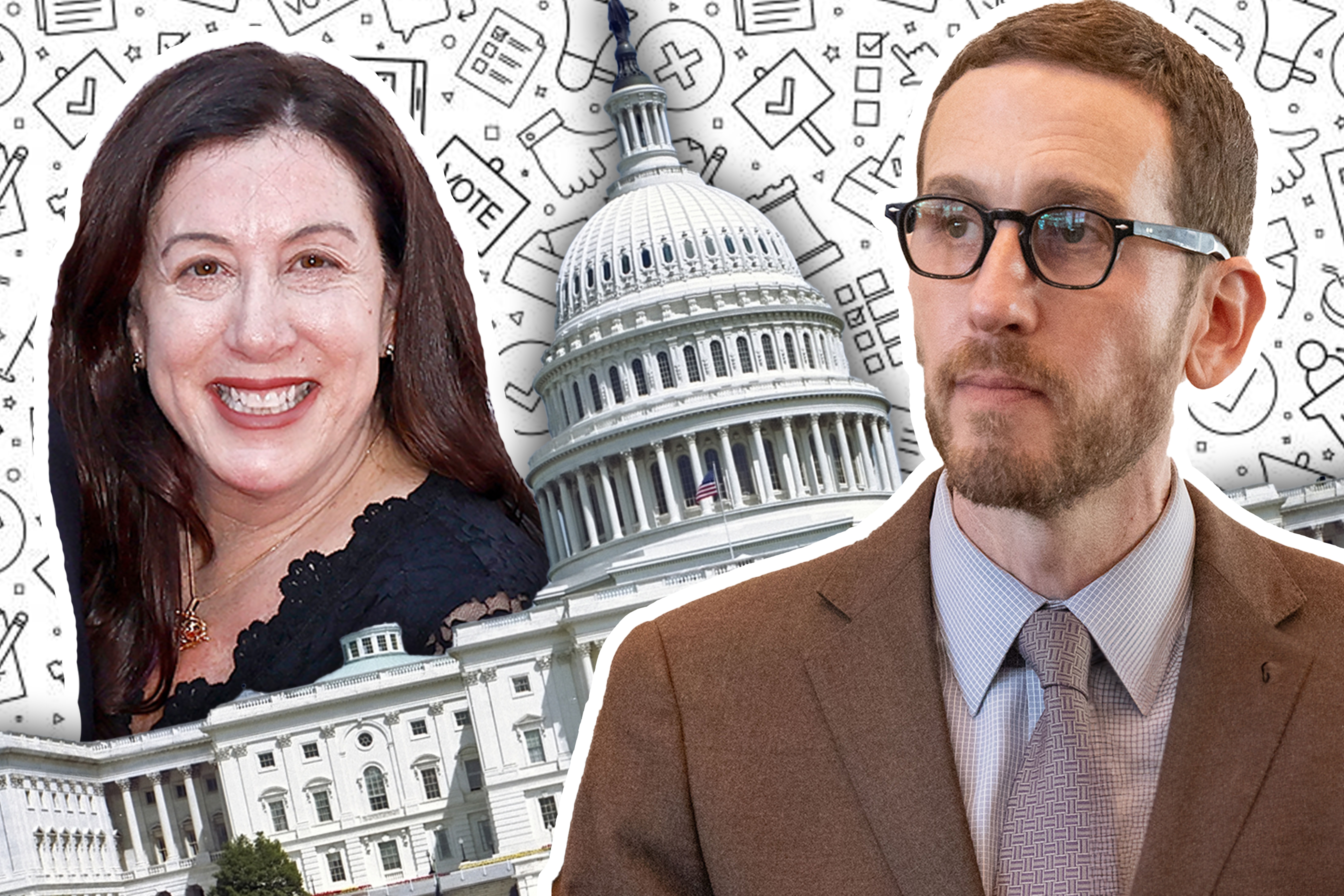 A photo illustration featuring a woman from the shoulders up, Christine Pelosi, on the left, and a man, State Sen. Scott Wiener, from the chest up, on the right. A government building is photoshopped between them.