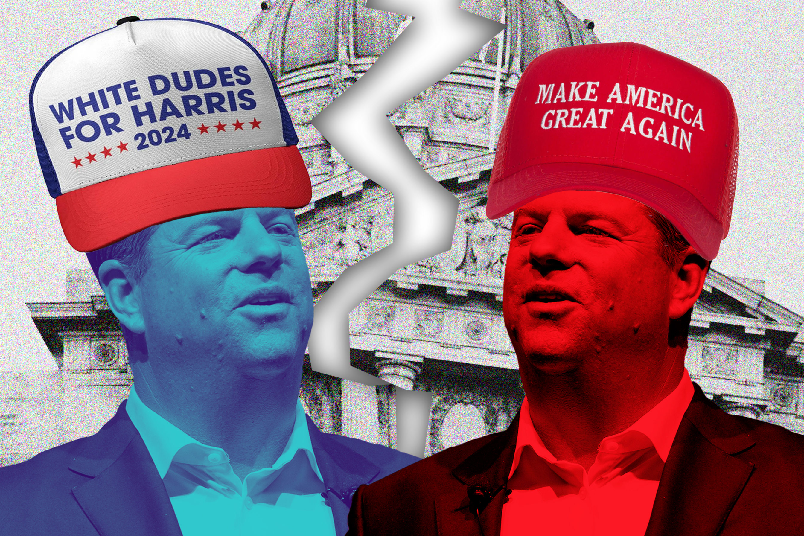 Two men, one tinted blue wearing a "White Dudes for Harris 2024" hat, and one tinted red wearing a "Make America Great Again" hat, with a building background split.