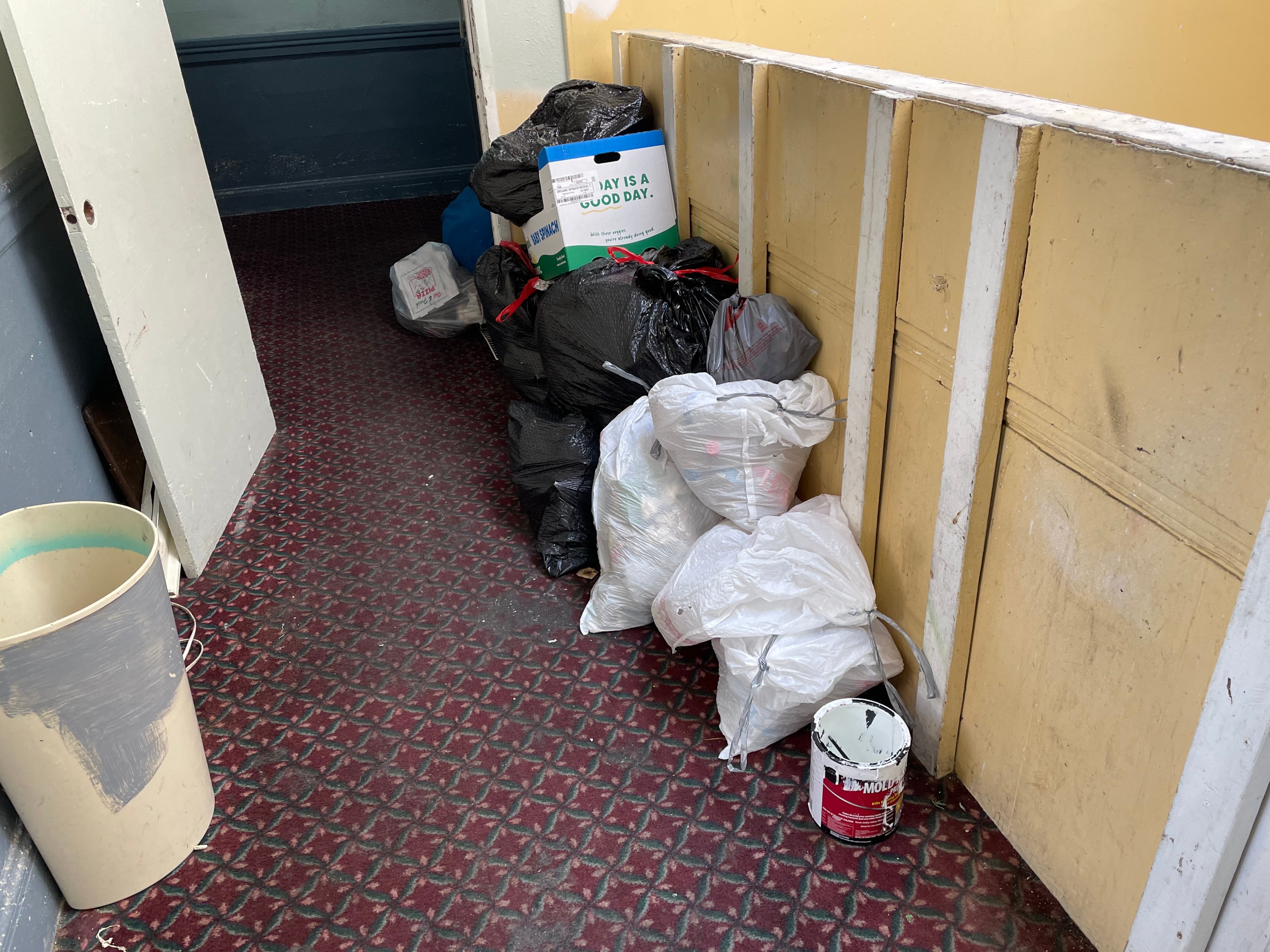 A narrow hallway has a red patterned carpet and is lined with bags of trash. A discarded door, an empty paint can, a trash can, and a cardboard box are also visible.