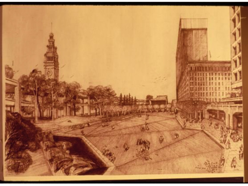 The image is a drawing of an urban plaza with people walking. It features a tall clock tower on the left, tree-lined paths, and high-rise buildings on the right.