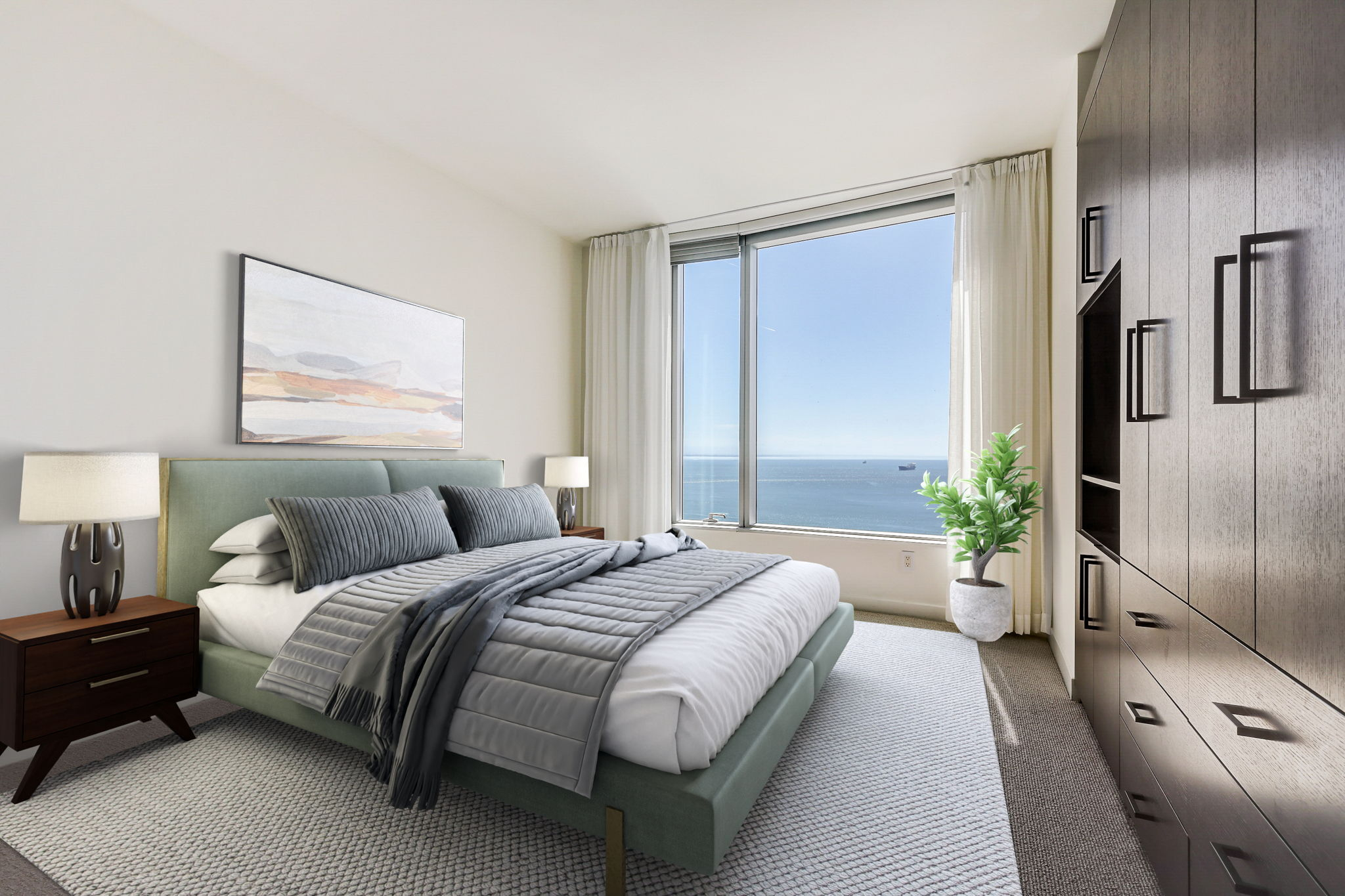 A minimalist bedroom with a bed, two nightstands, and a large window offering an ocean view. There's a painting above the bed and a tall wardrobe on the right.