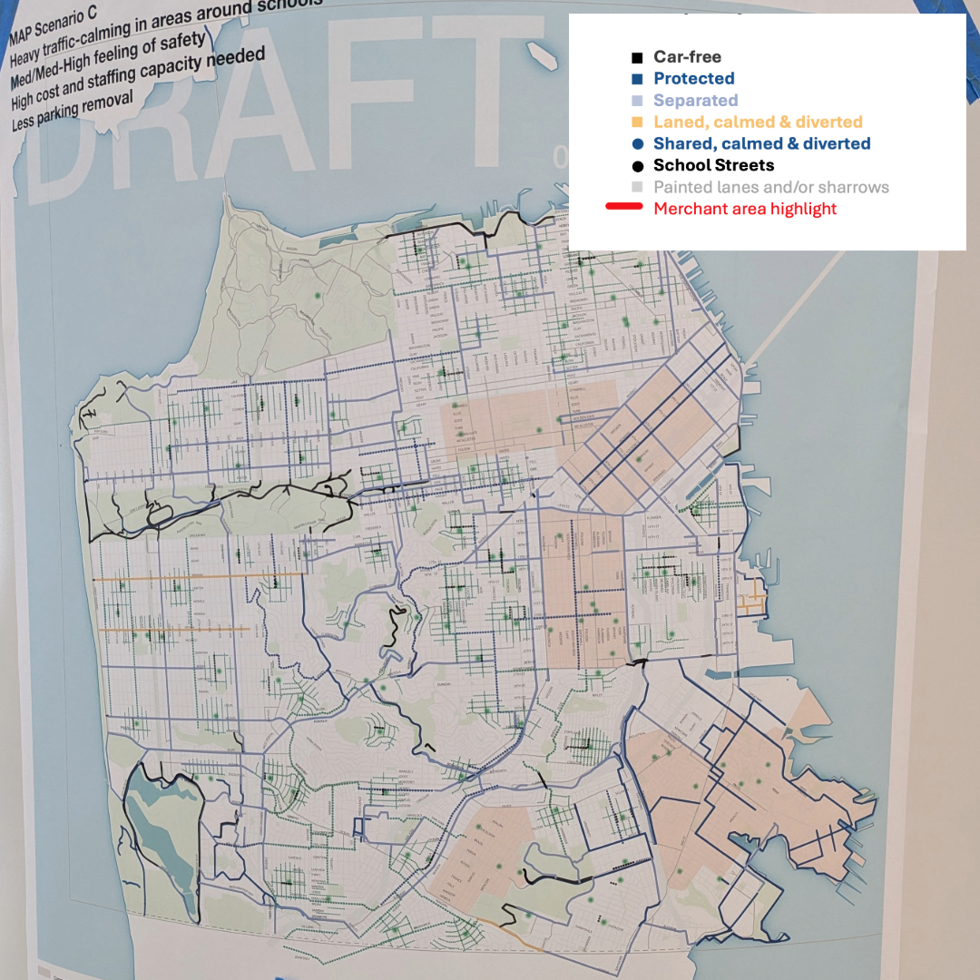 The image shows a draft map of a city with various streets marked in different colors and patterns indicating car-free areas, protected lanes, shared lanes, and merchant areas.