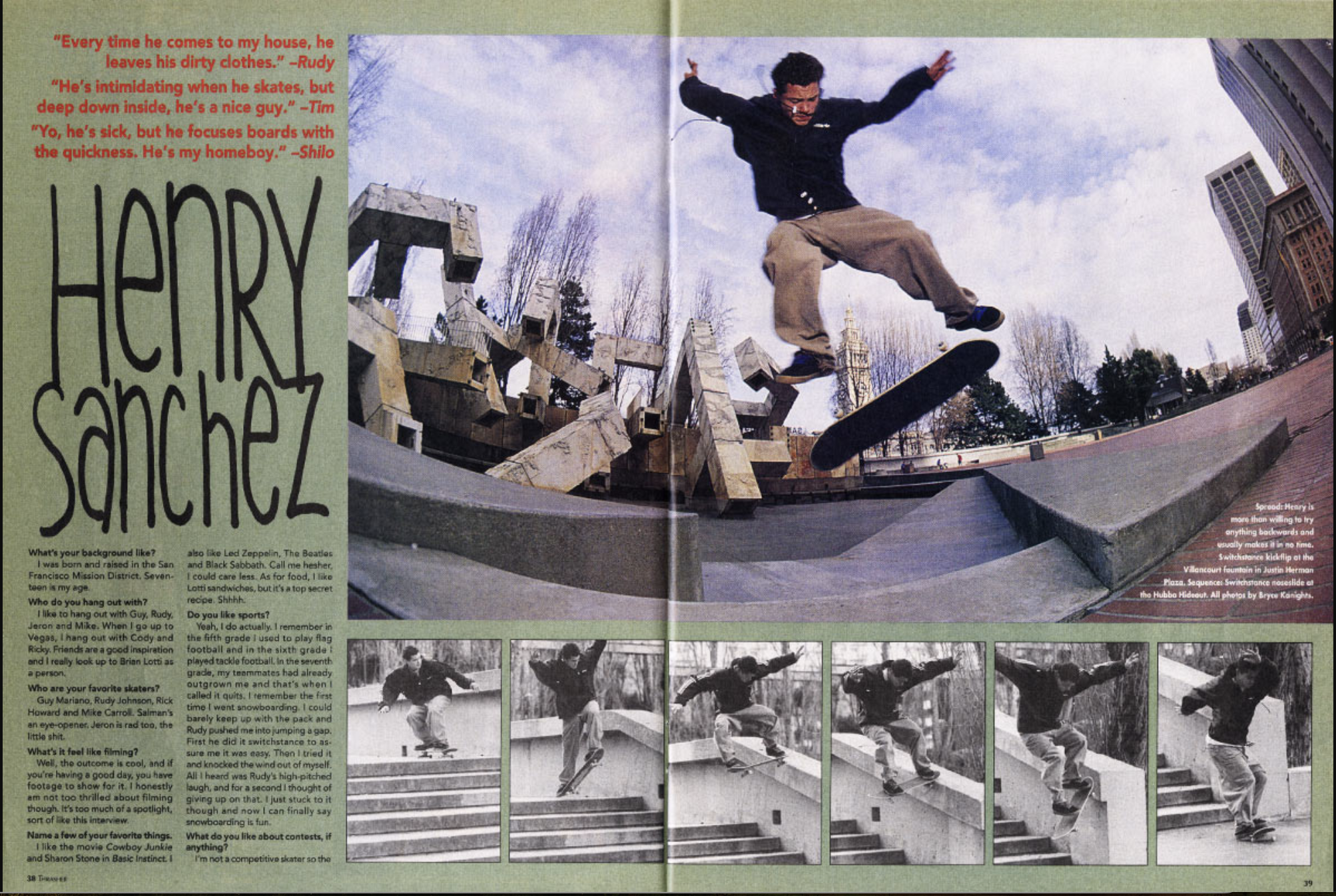 The image features a skateboarder mid-trick in an urban setting, with large sculptures and buildings in the background. There is also text about Henry Sanchez.