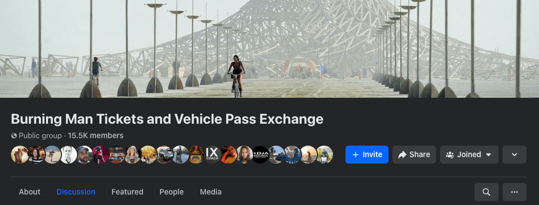 The image shows a Facebook group titled &quot;Burning Man Tickets and Vehicle Pass Exchange&quot; with 15.5K members. Background features an elaborate artistic structure.