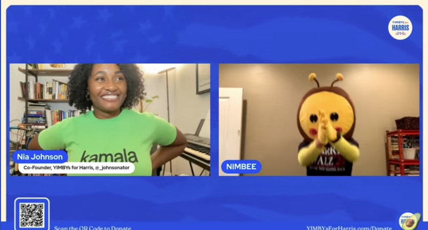 The image shows two video call participants. One, Nia Johnson, wears a green &quot;kamala&quot; shirt and smiles. The other, NIMBEE, is a person in a cute bee costume, clapping hands.