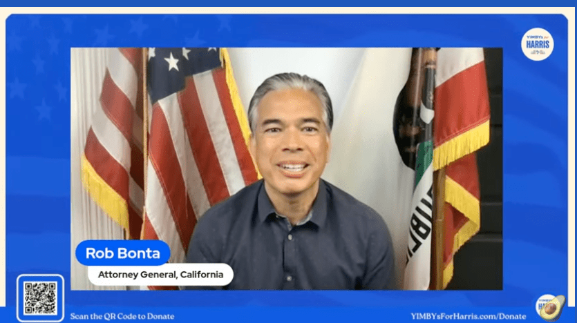 The image shows a man smiling with American and Californian flags behind him. A blue banner below identifies him as Rob Bonta, Attorney General of California.