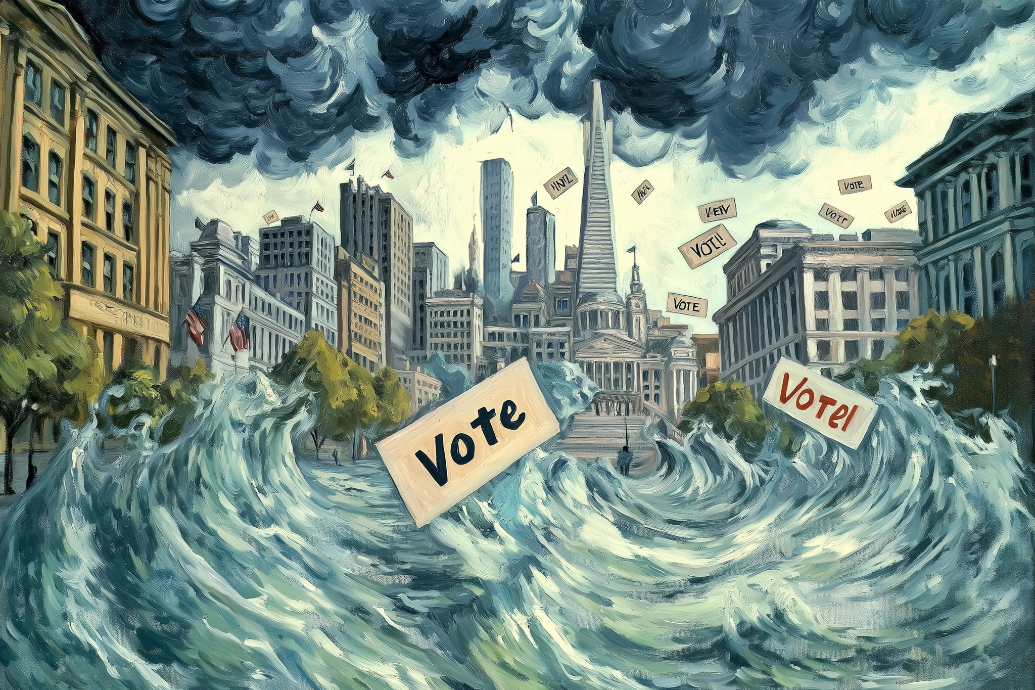 The image portrays a stormy urban scene with large waves surging down a city street. Signs with "Vote" written on them are scattered amidst the waves and dark clouds.