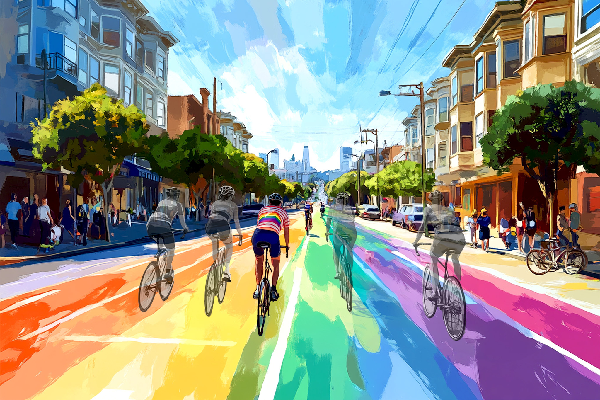 Cyclists ride down a brightly colored, rainbow-painted street, lined with trees and buildings, under a clear blue sky with people walking on the sidewalks.