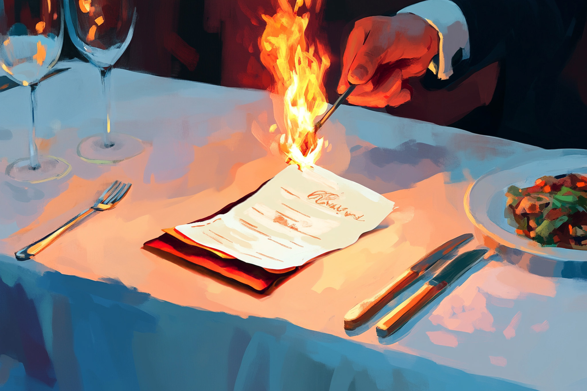 A hand ignites a piece of paper on a table set for a meal, with empty wine glasses and a plate of food nearby, creating a dramatic, fiery scene.