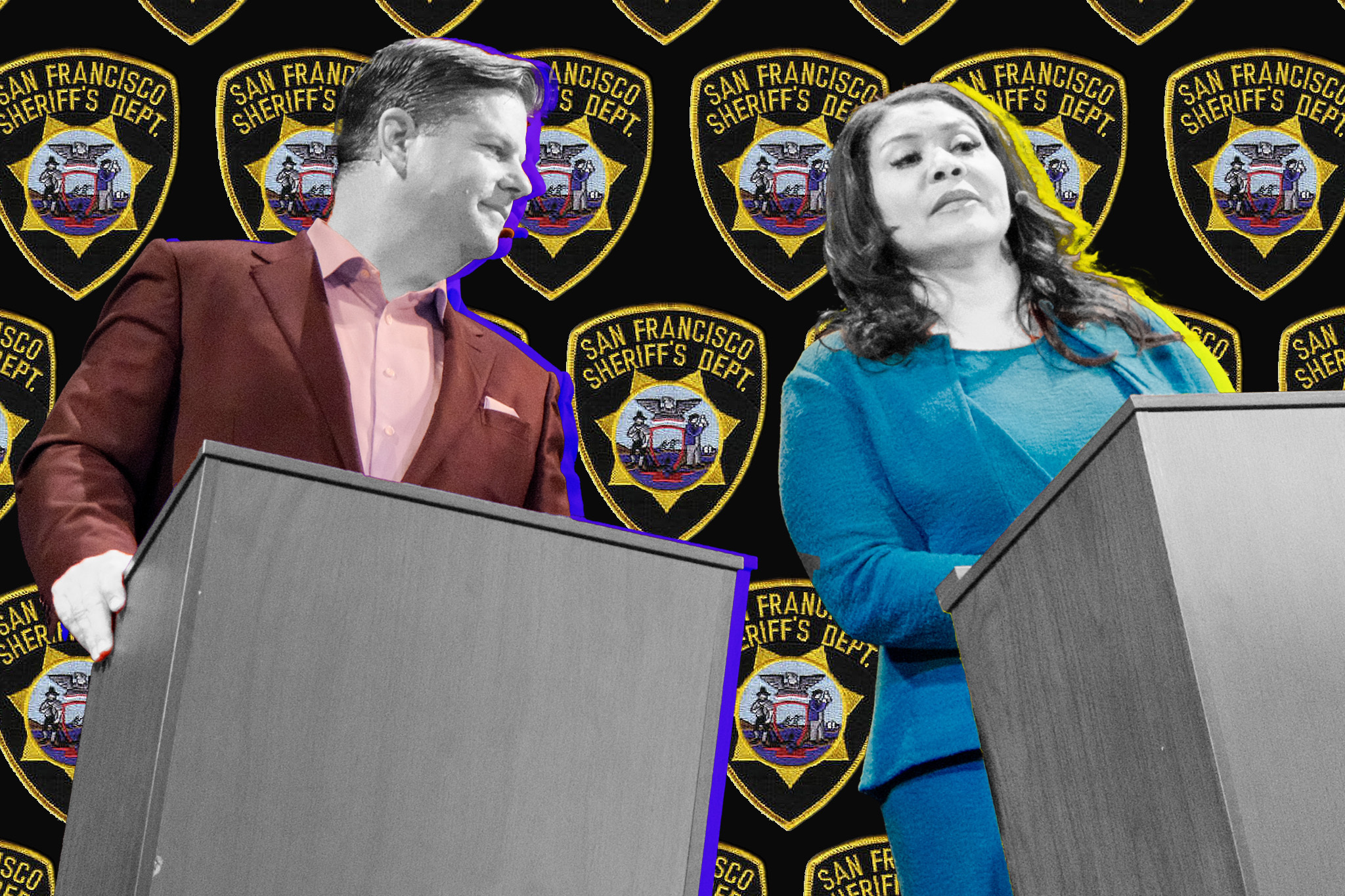 A photo illustration showing a man on the left at a podium, and a woman on the right at a podium, both in suits, with San Francisco Sheriff's logos behind them.