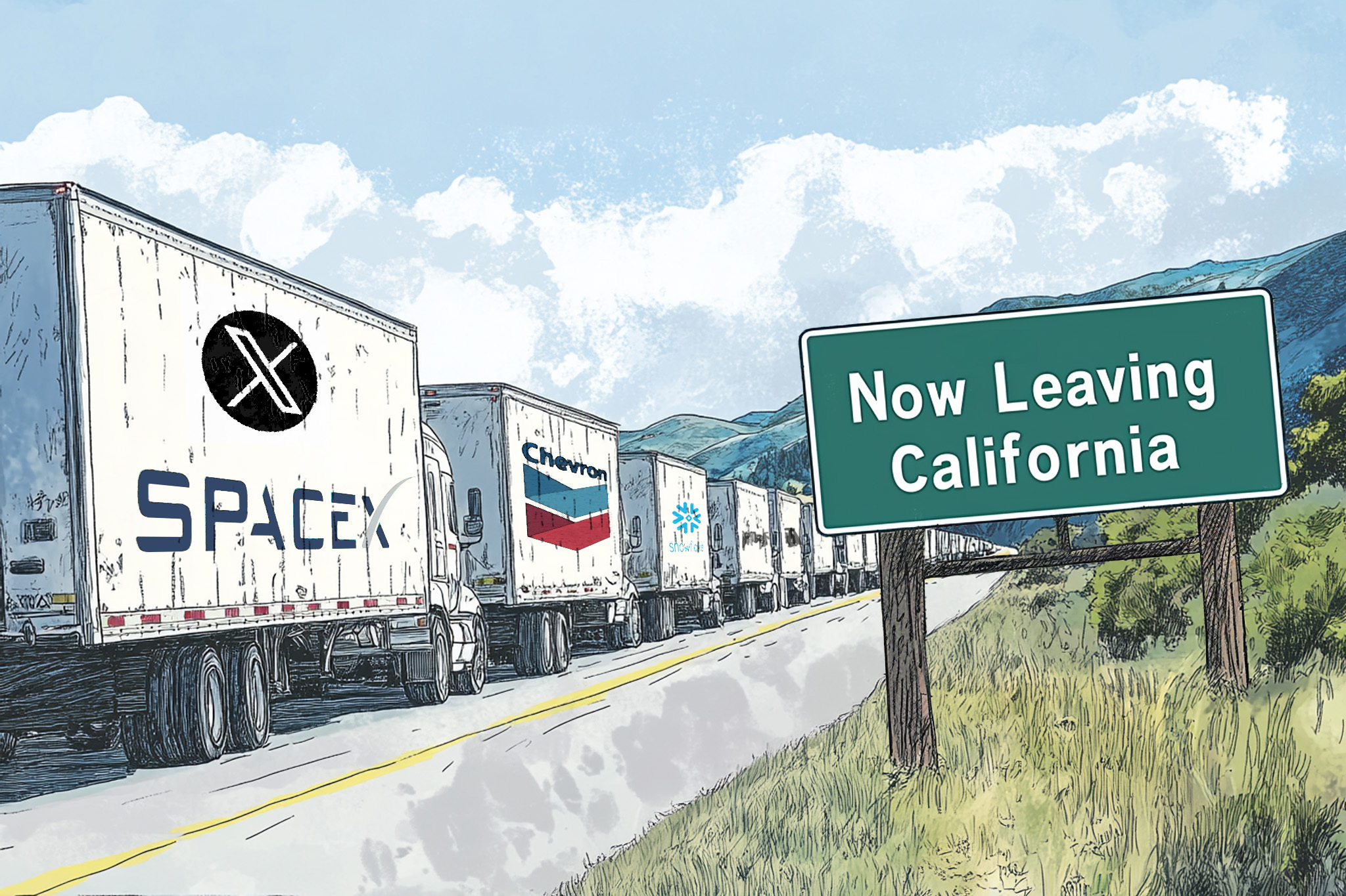 A line of trucks with logos, including SpaceX and Chevron, drives past a sign reading "Now Leaving California" on a road through a rural landscape.