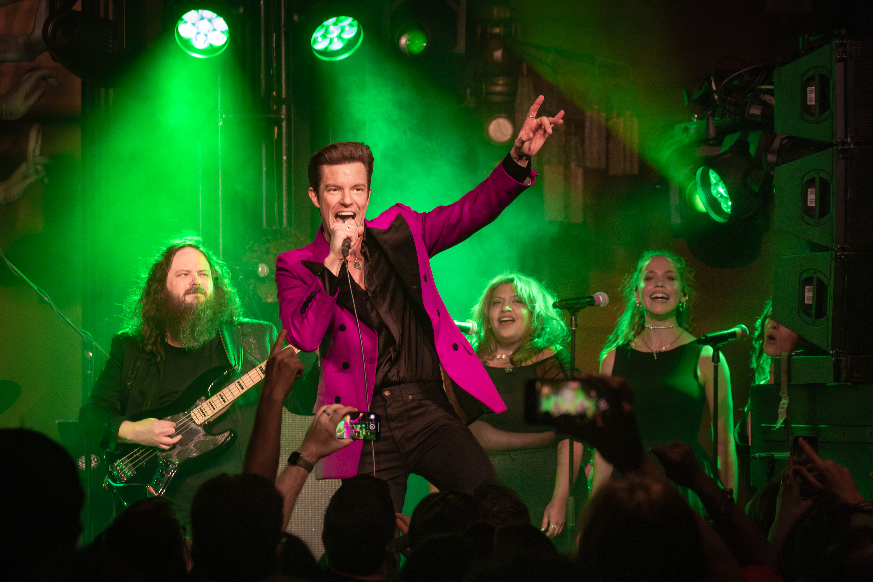 A lively stage performance with a singer in a pink jacket, a bearded guitarist, backup singers, and vibrant green lighting, while an enthusiastic audience cheers.