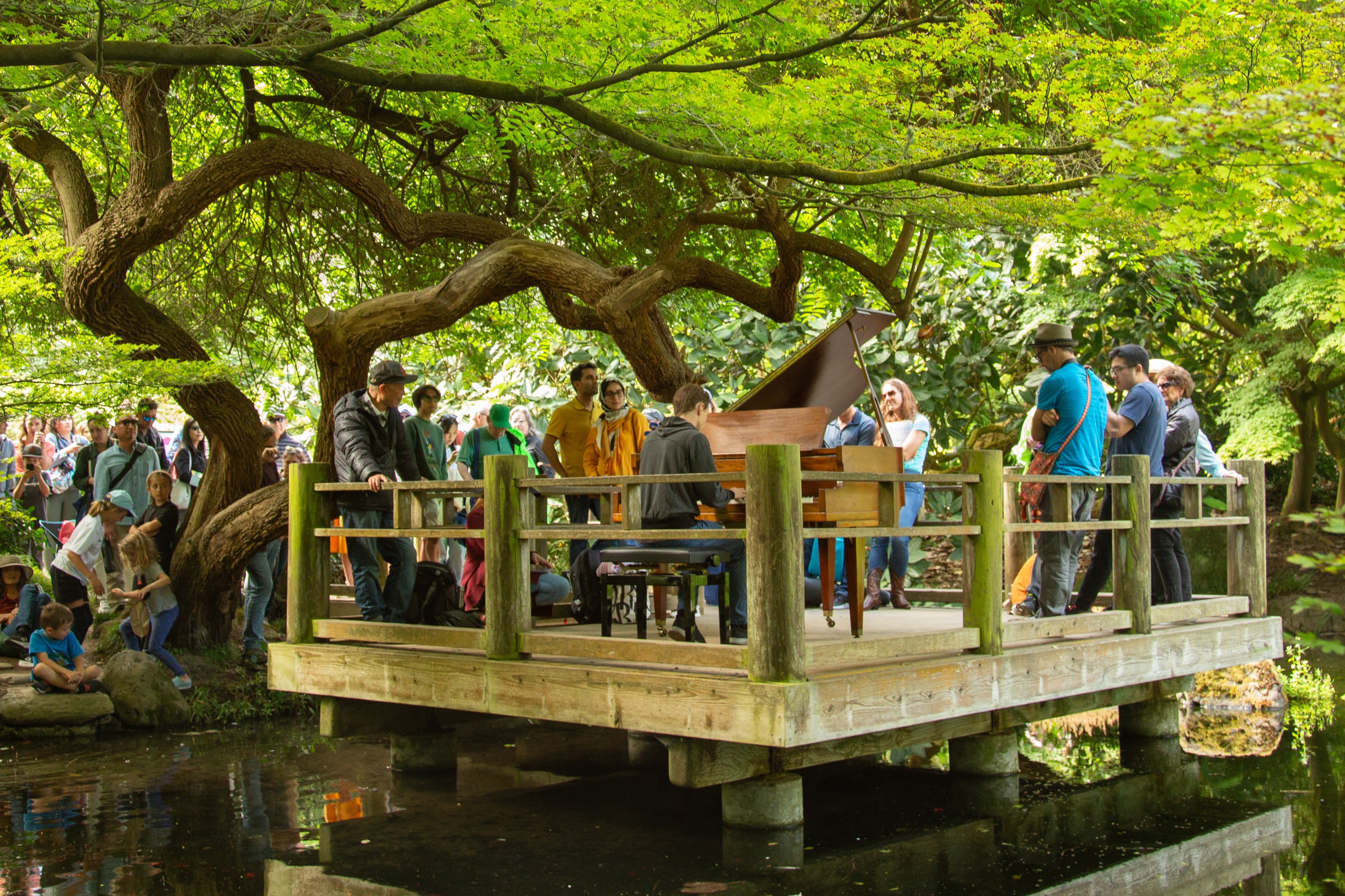 People stand around a piano in a treehouse.