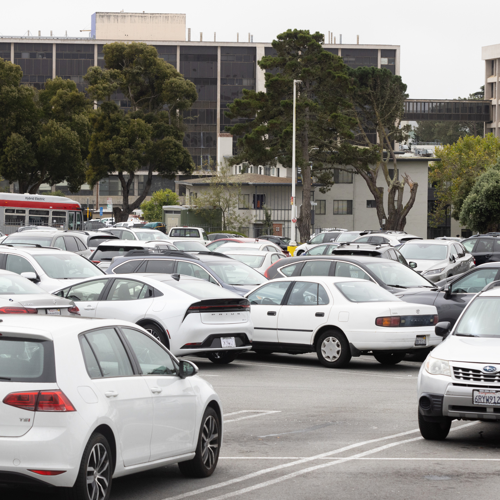 A crowded parking lot filled with various cars sits in front of a backdrop of trees and multi-story buildings on an overcast day.