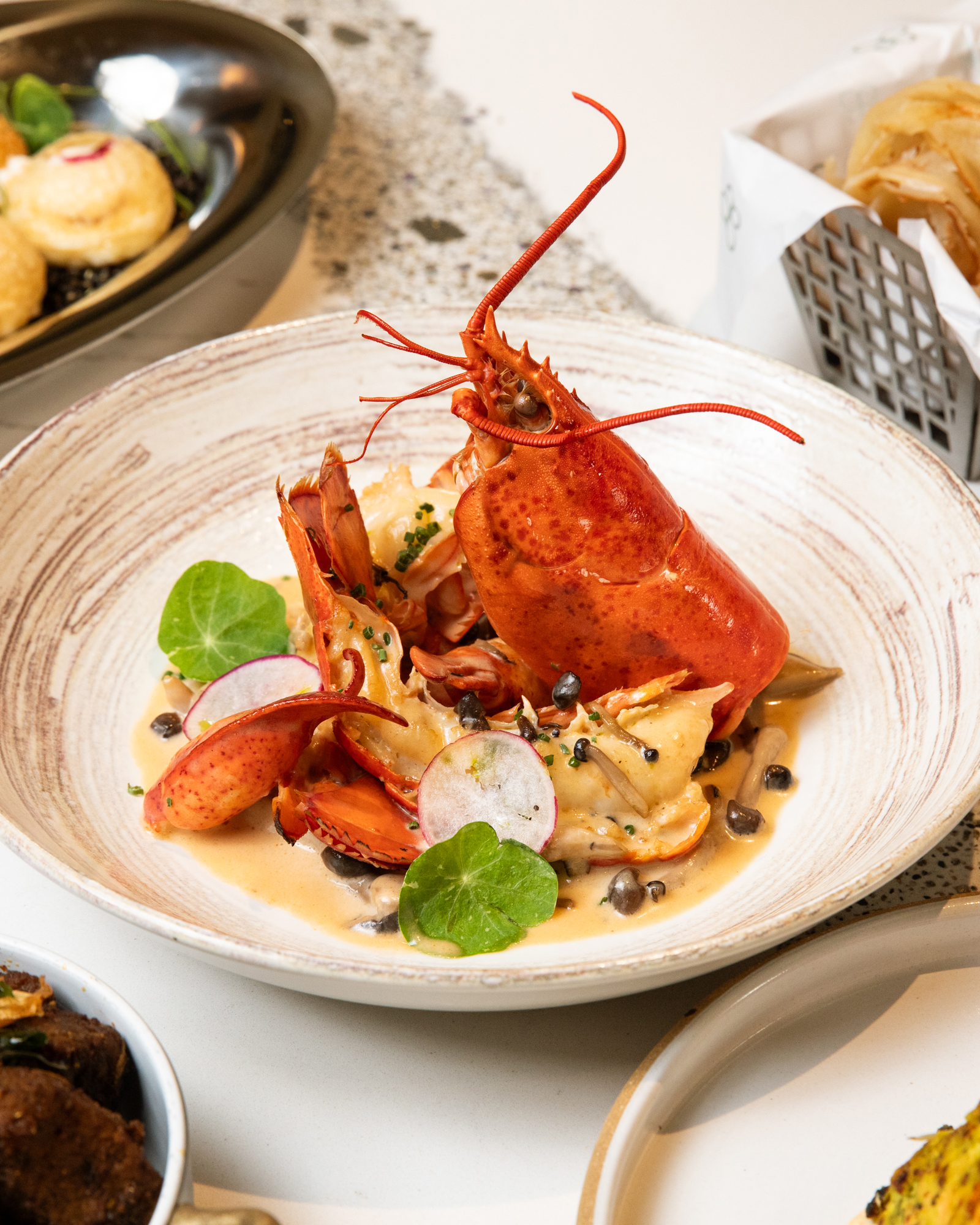 A gourmet dish features a whole lobster served in a cream sauce with radish slices and green leaves in an elegant plate, accompanied by side dishes in the background.