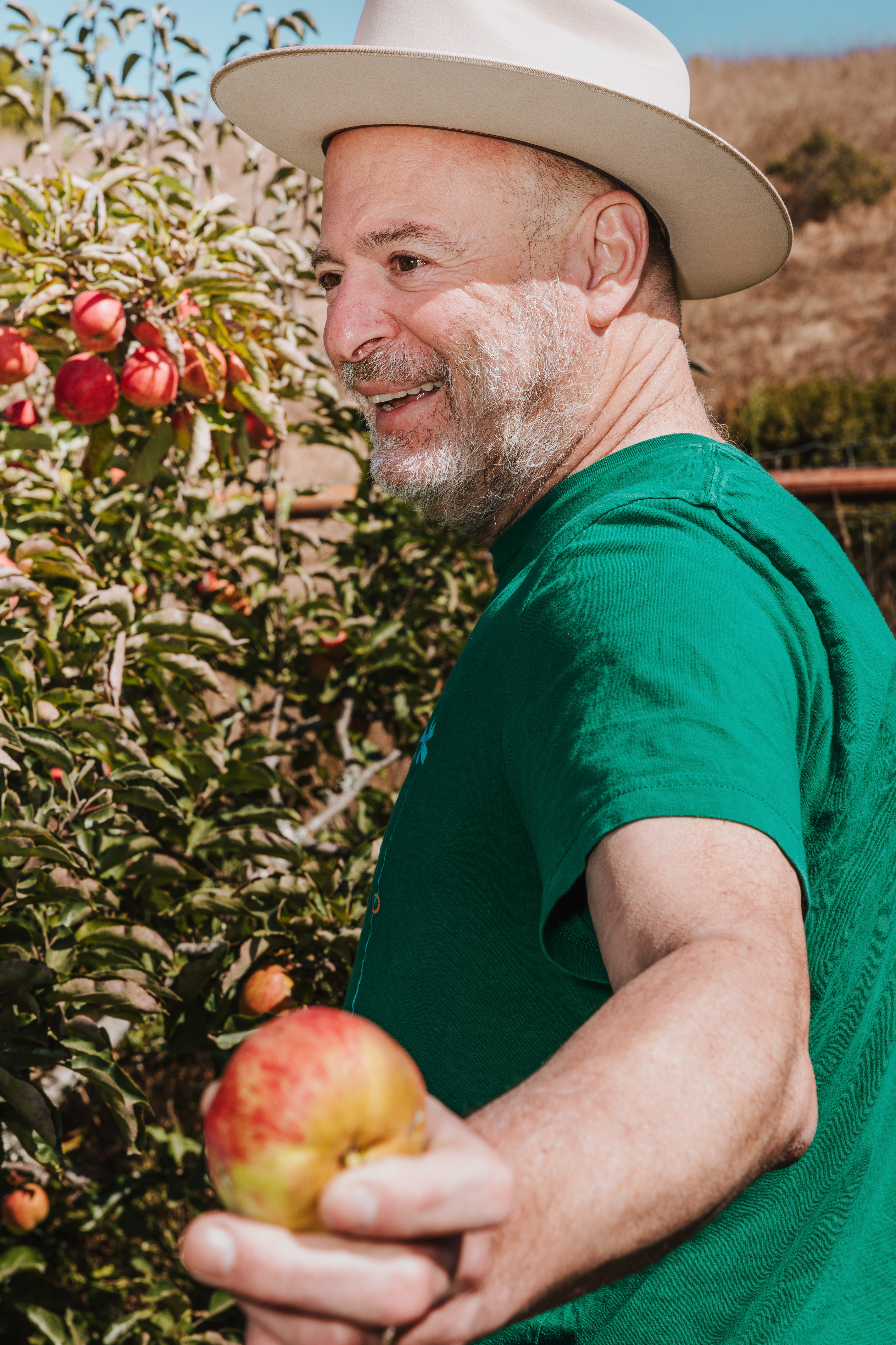 A man in a green shirt and beige hat is smiling and holding an apple, standing next to an apple tree with ripe apples on a sunny day.