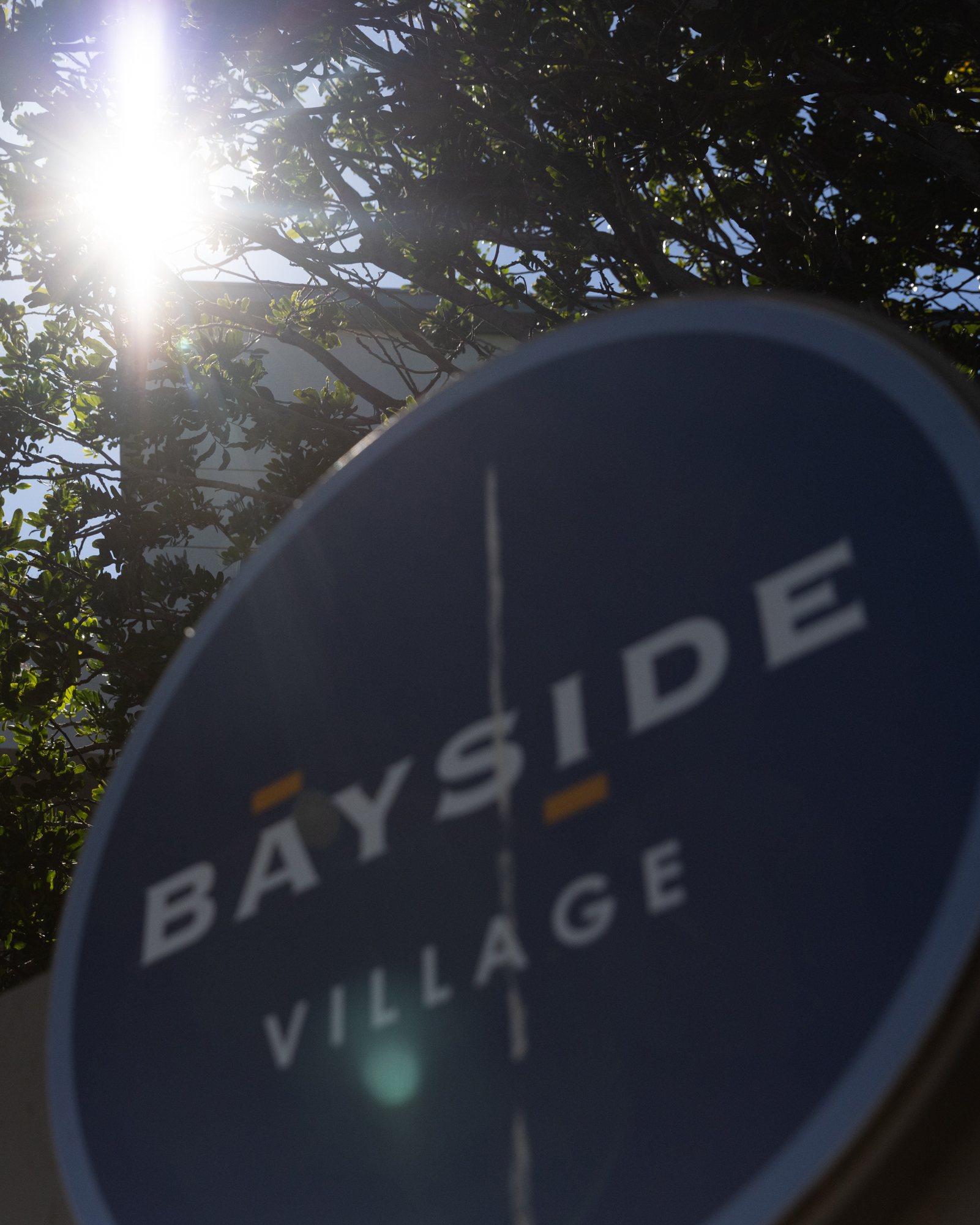 A bright sun shines through leafy tree branches, illuminating a blue circular sign that reads &quot;BAYSIDE VILLAGE.&quot;