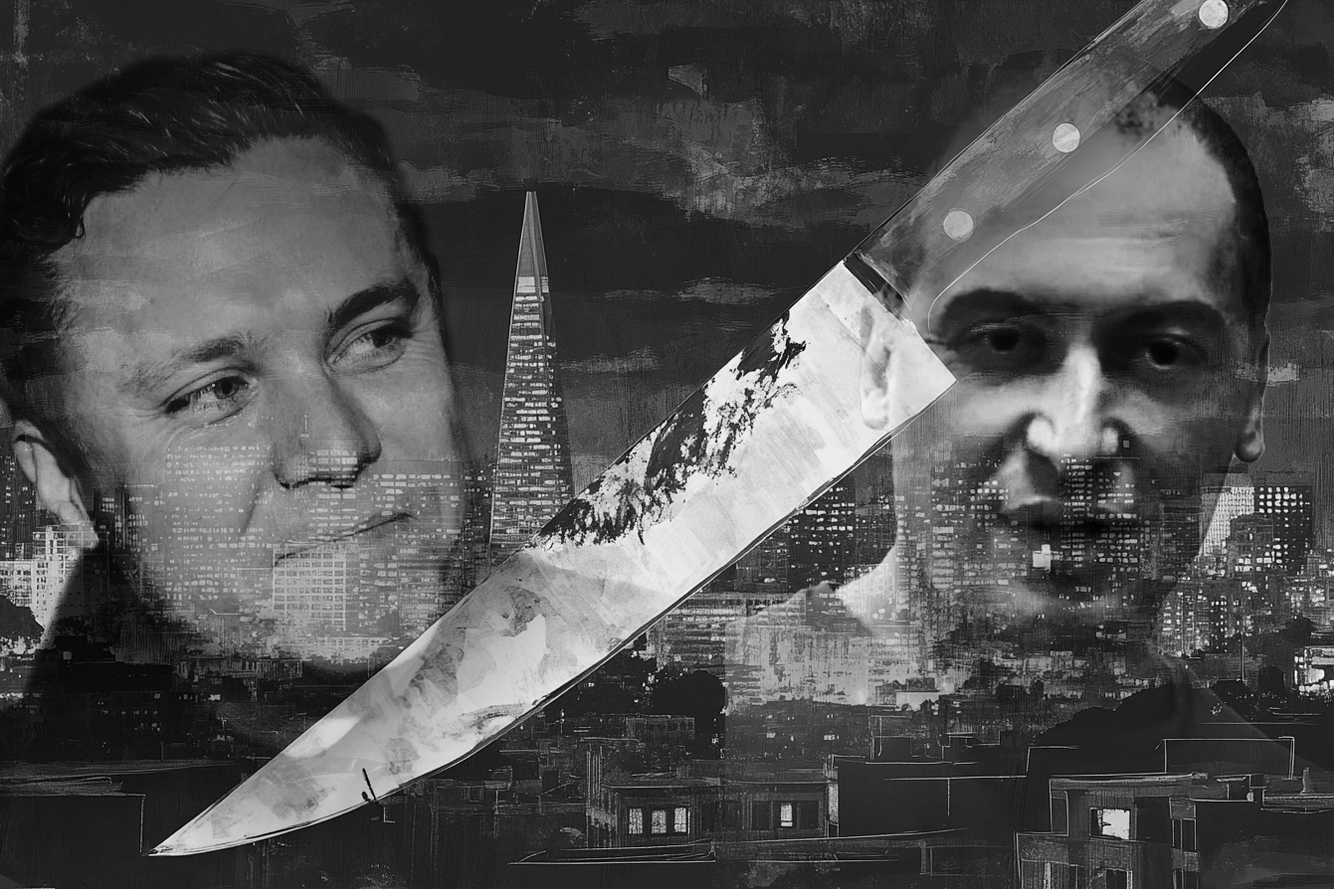 The image features a black-and-white collage of two men's faces, a large knife, and a cityscape with a prominent skyscraper at night. The knife dominates the center.