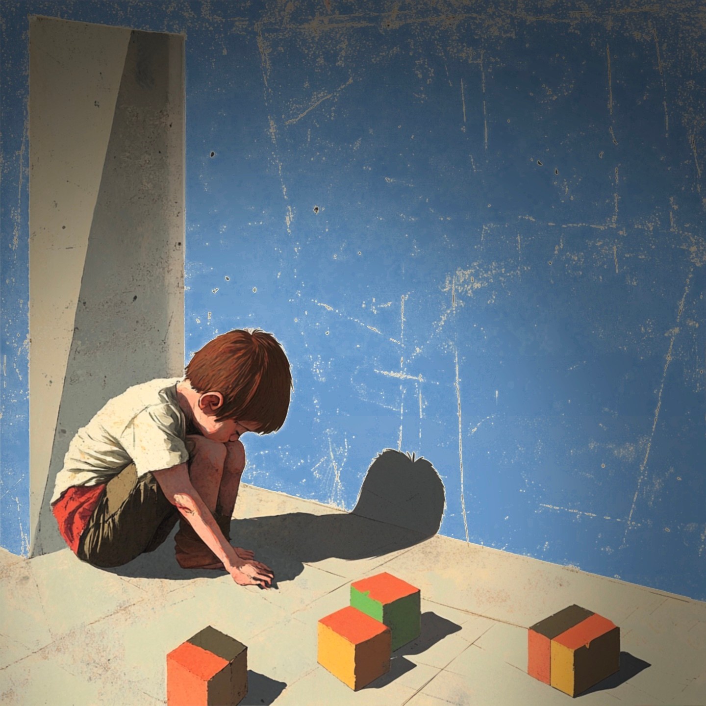 A boy with brown hair crouches alone in a dim room, focused on colorful blocks on the floor, under a textured blue wall and a narrow light source.