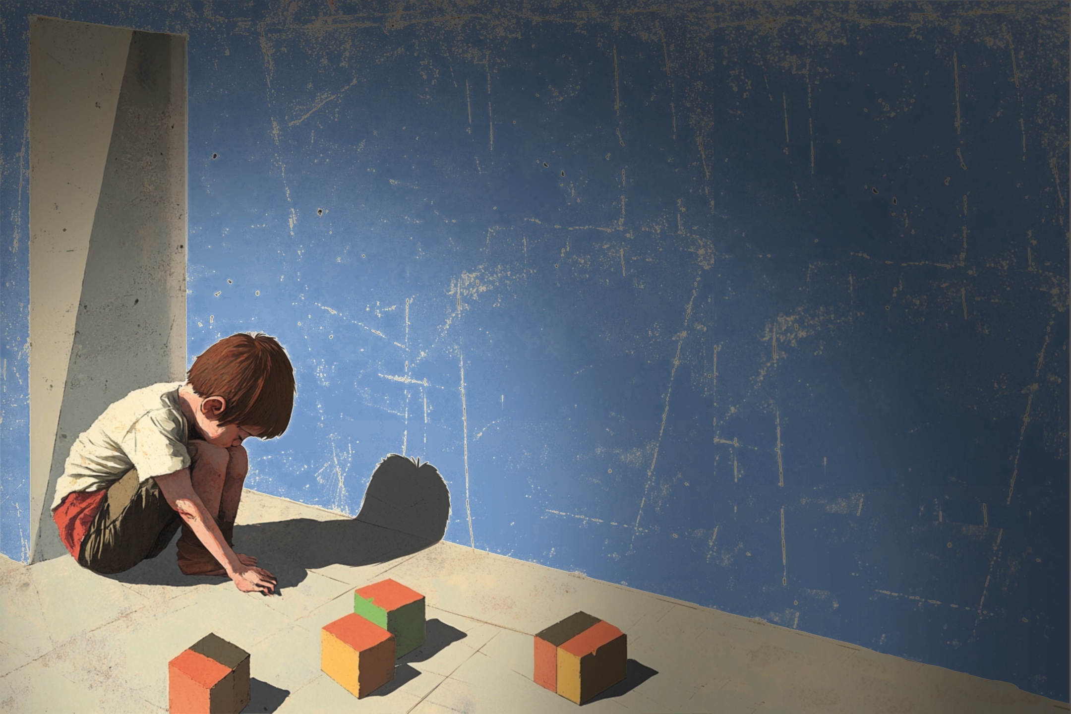 A boy with brown hair crouches alone in a dim room, focused on colorful blocks on the floor, under a textured blue wall and a narrow light source.