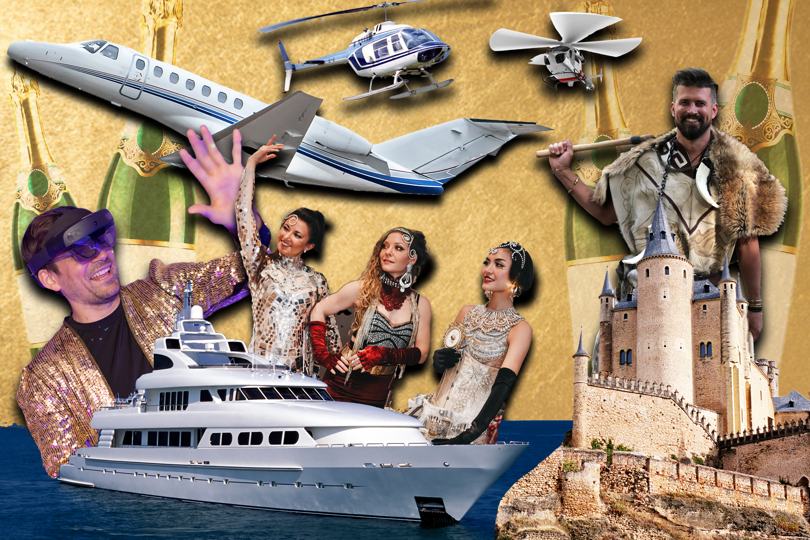 The image features a jet, helicopter, yacht, four costumed people, a castle, and champagne bottles, illustrating luxury and a lavish, extravagant lifestyle.