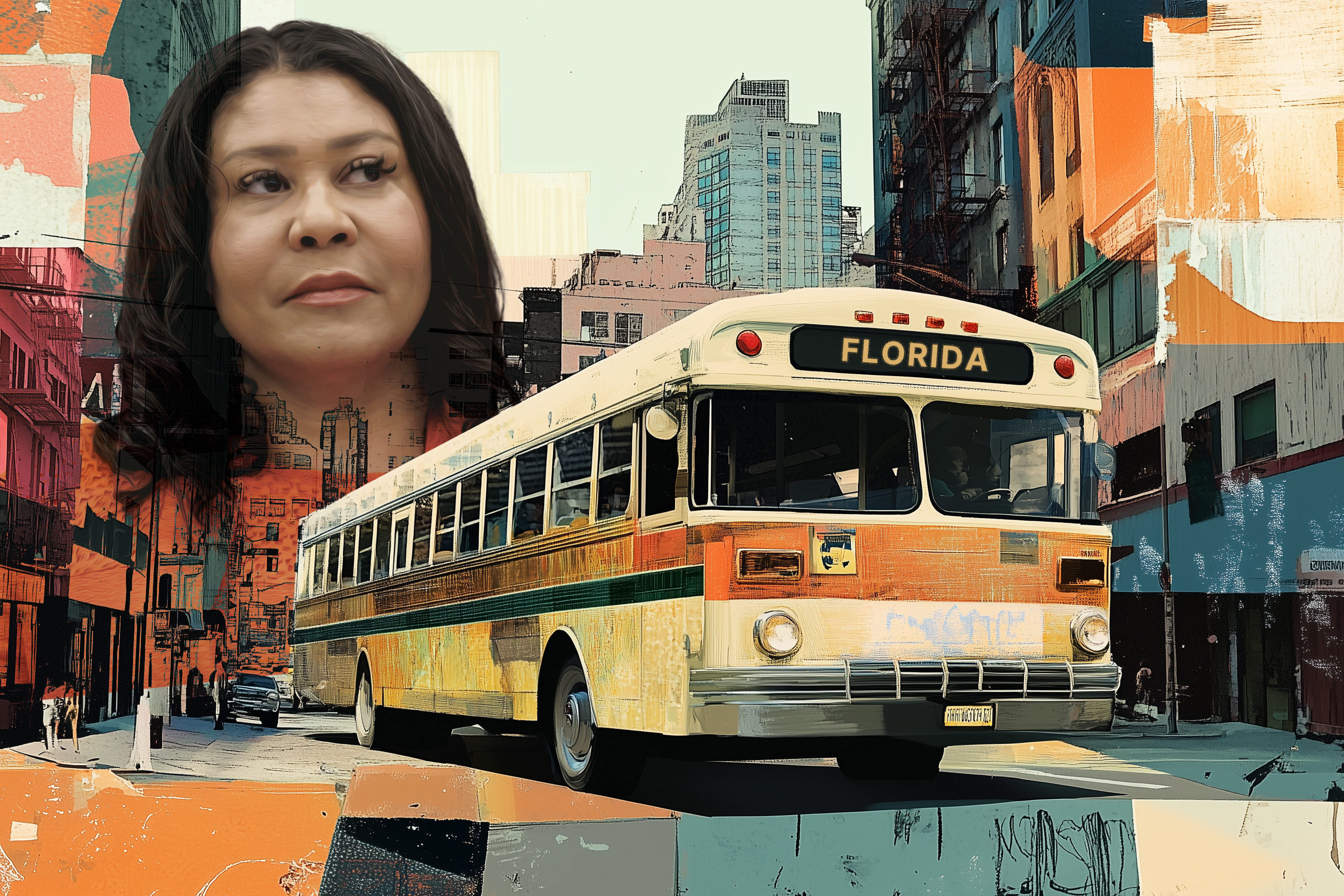 The image shows a vintage bus labeled "Florida" on a colorful city street. The background has an abstract, painted style, with a large floating woman's face overlaying the scene.