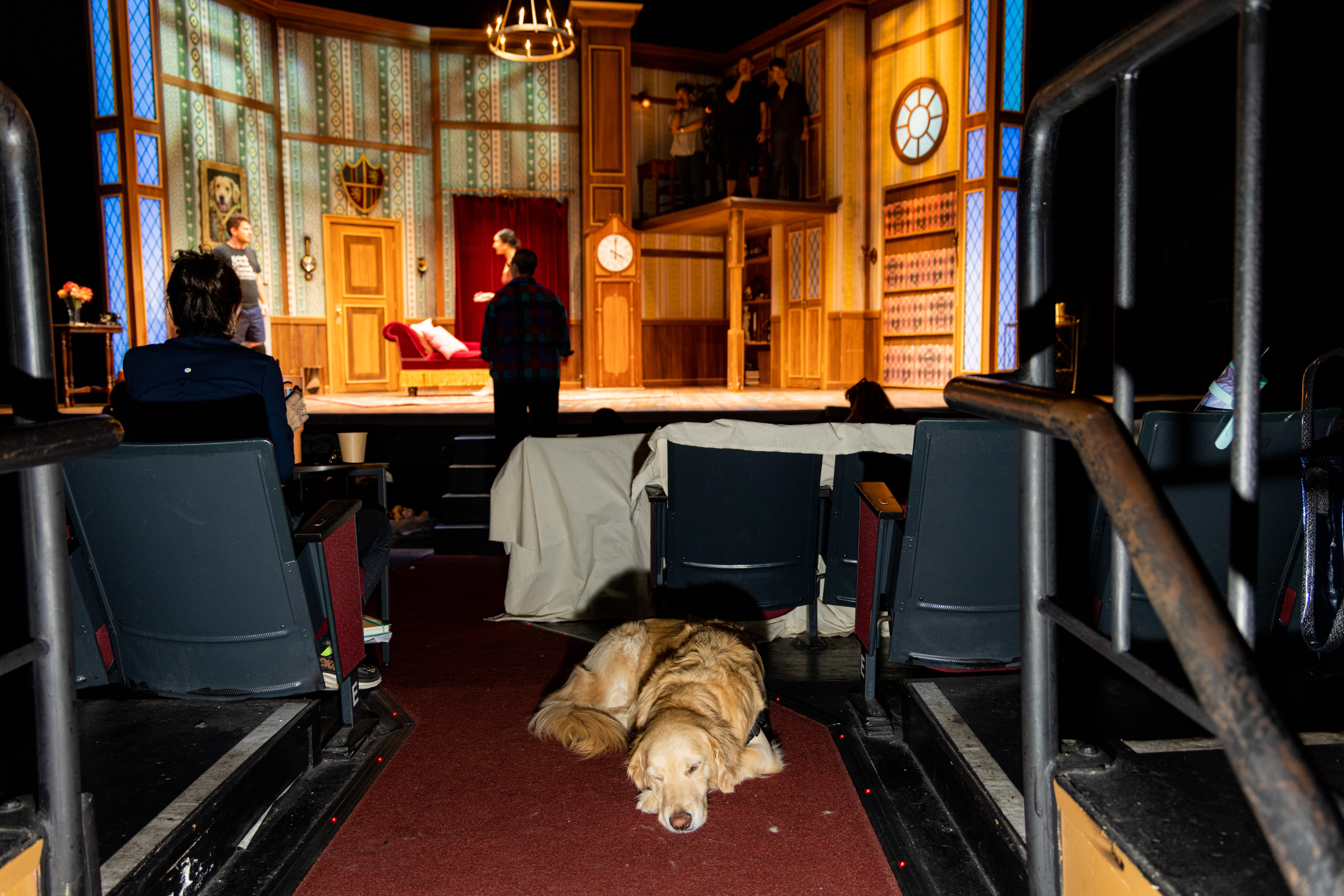 In a theater, a golden retriever lies on the floor in the aisle while people rehearse on an ornately decorated stage with Victorian-style furniture and wallpaper.