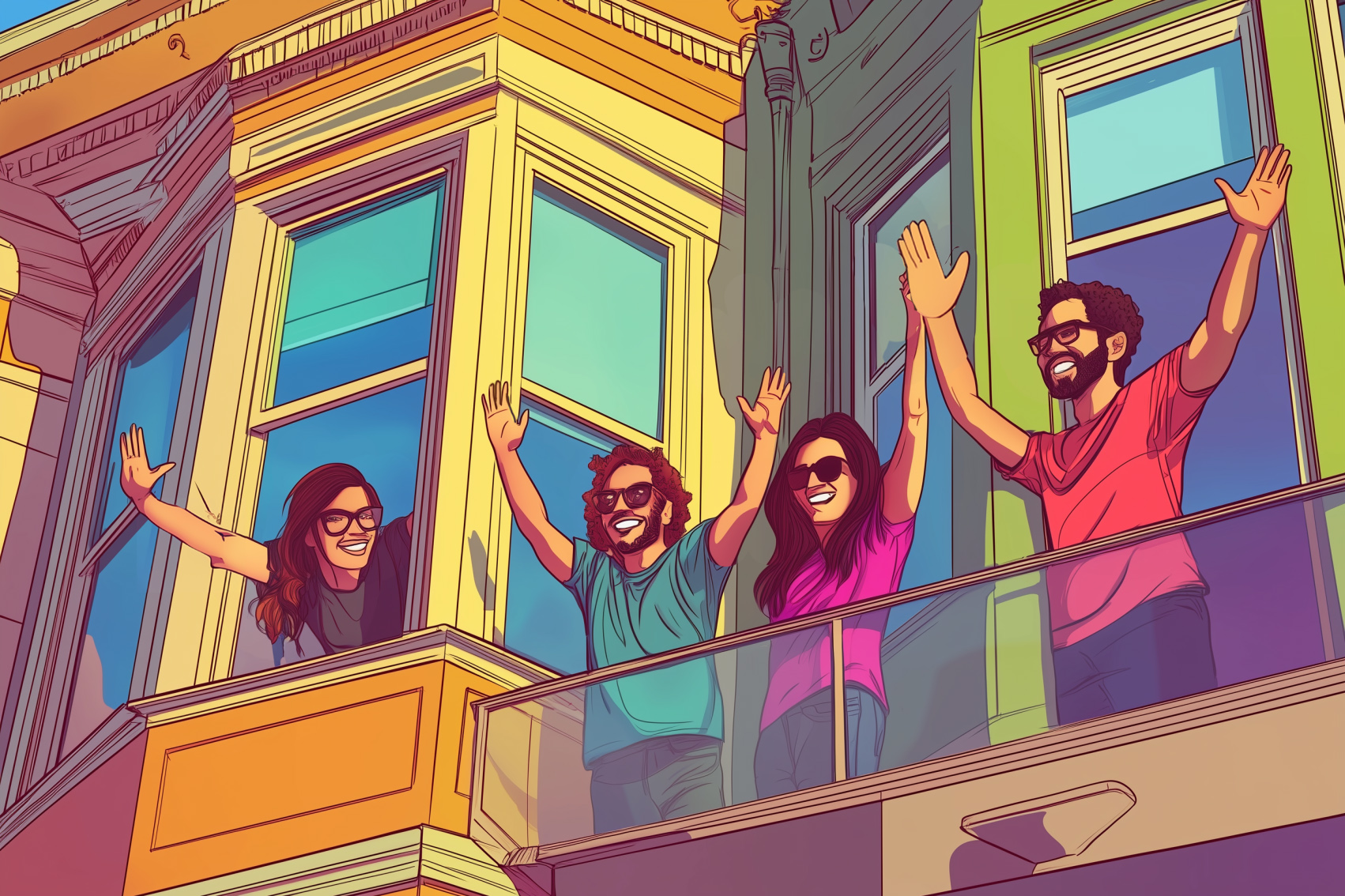 Four cheerful individuals wearing sunglasses wave their arms from vibrant building balconies, exuding a lively and colorful atmosphere.