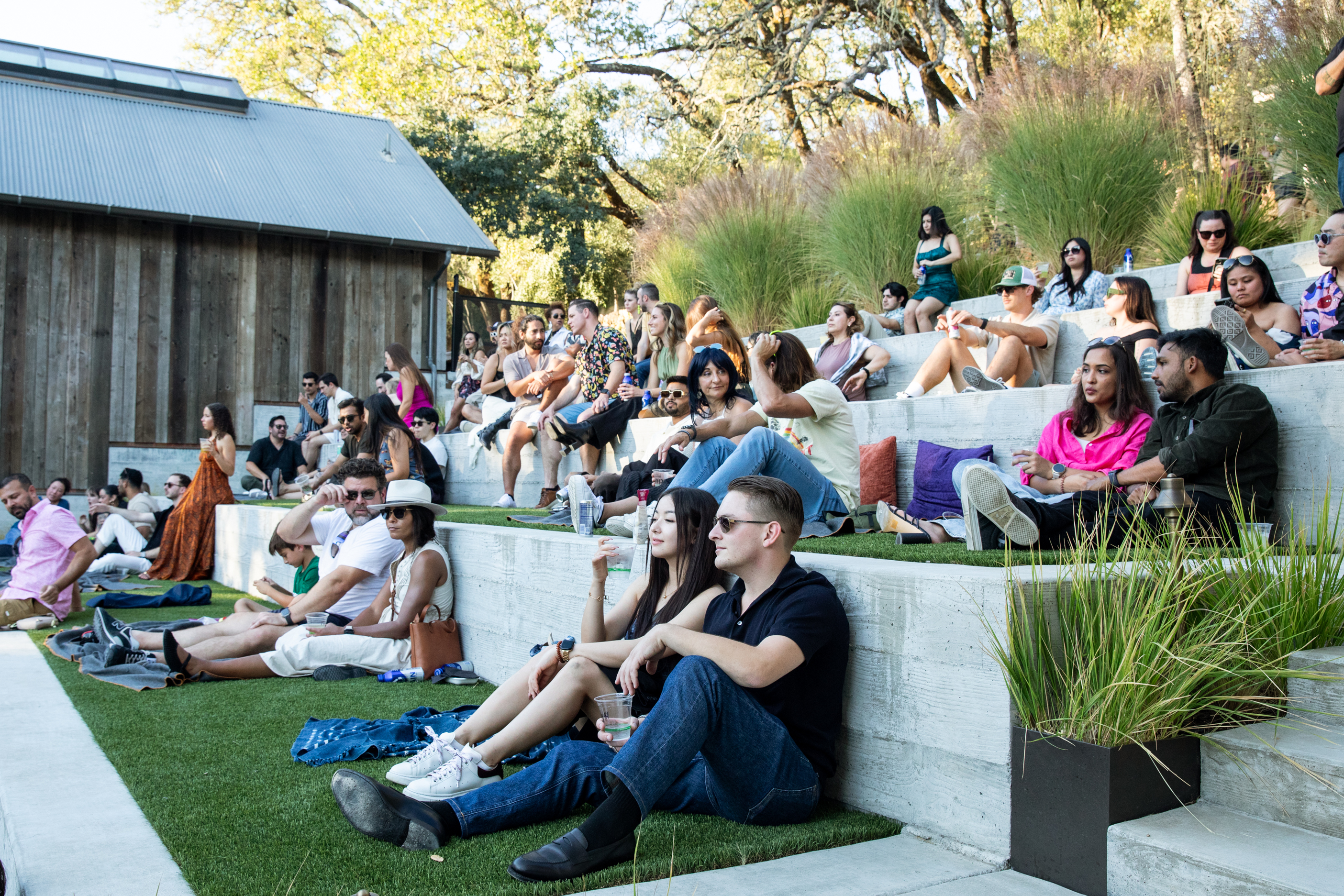 A group of people are seated on terraced steps, outdoors, on a sunny day. They appear relaxed, chatting, dressed casually, with trees and a wooden building in the background.