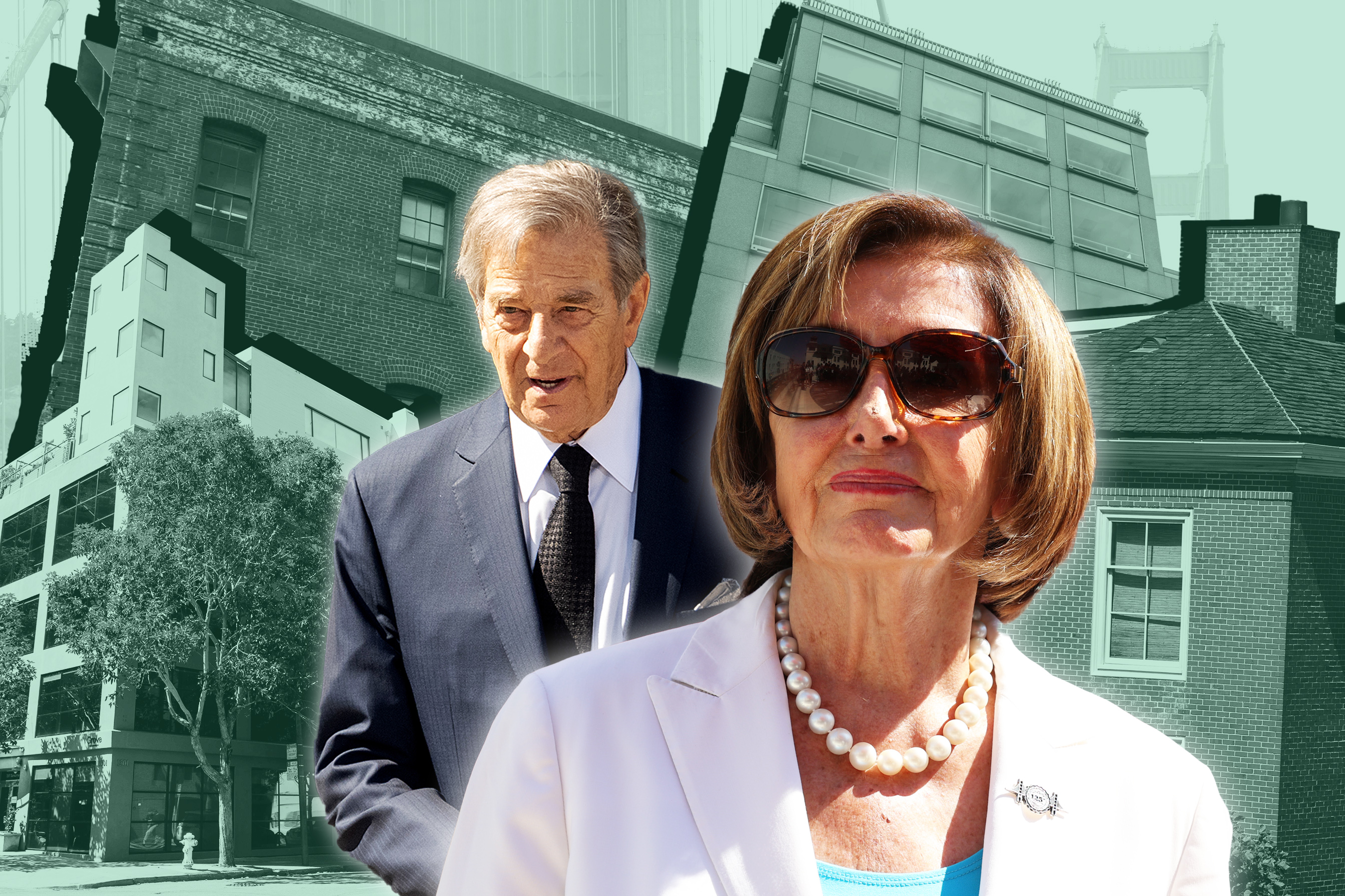 The image shows a man in a suit and a woman wearing sunglasses and a white outfit with a pearl necklace, against a backdrop of various buildings.