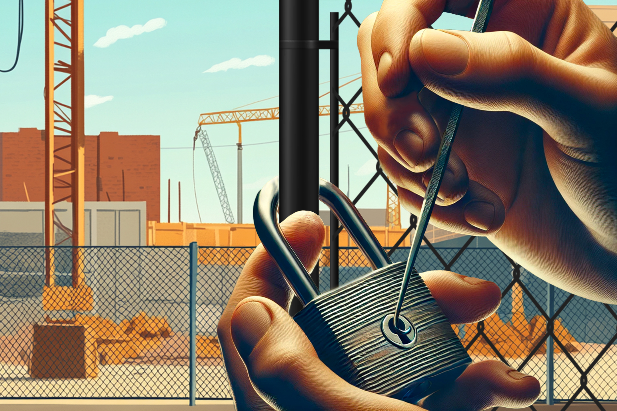 A person is picking a padlock with tools against a background of a construction site with cranes, buildings, and a chain-link fence under a blue sky.