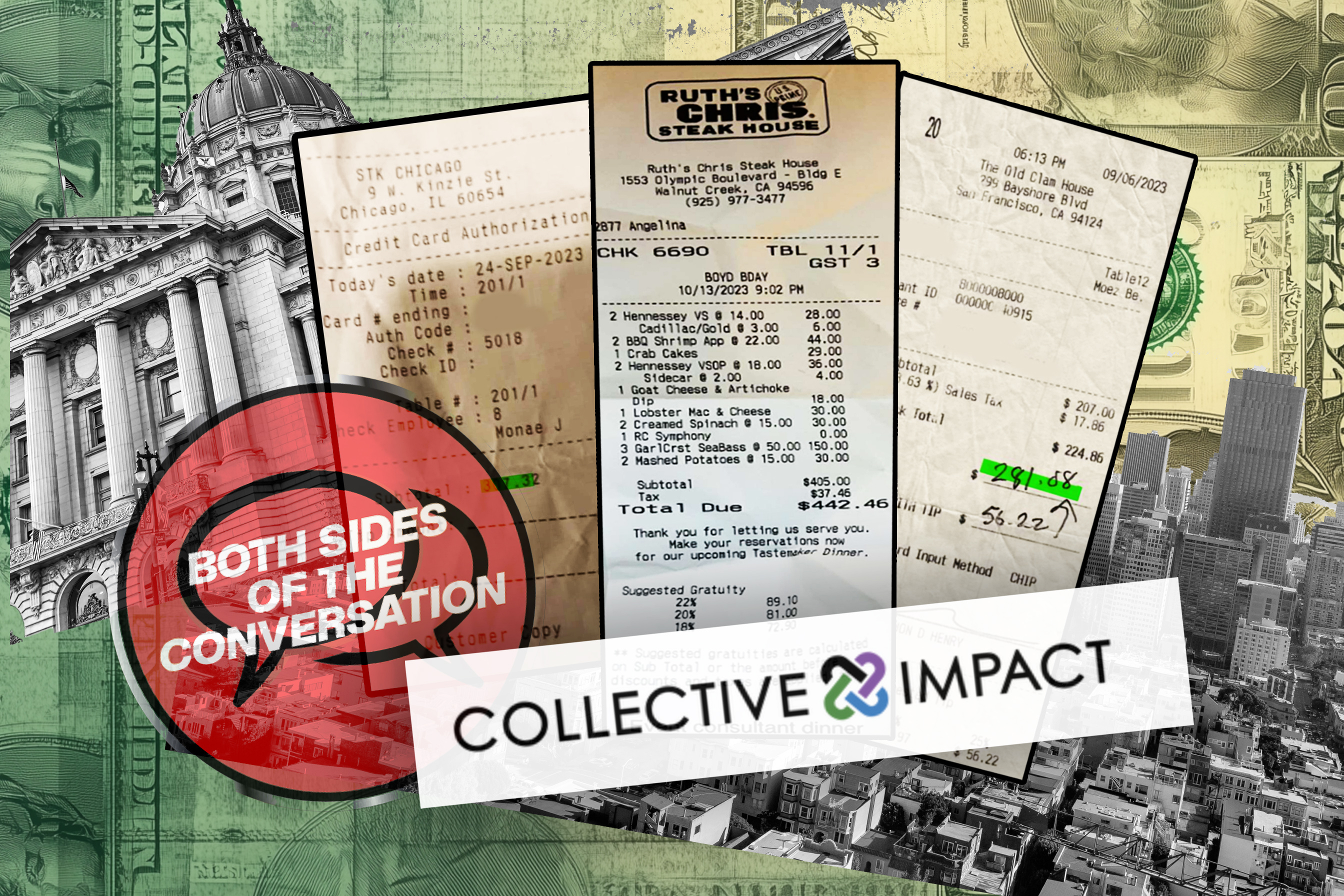 The image features restaurant receipts overlaid on a cityscape with the text, "Both Sides of the Conversation" and a "Collective Impact" logo surrounded by U.S. currency.