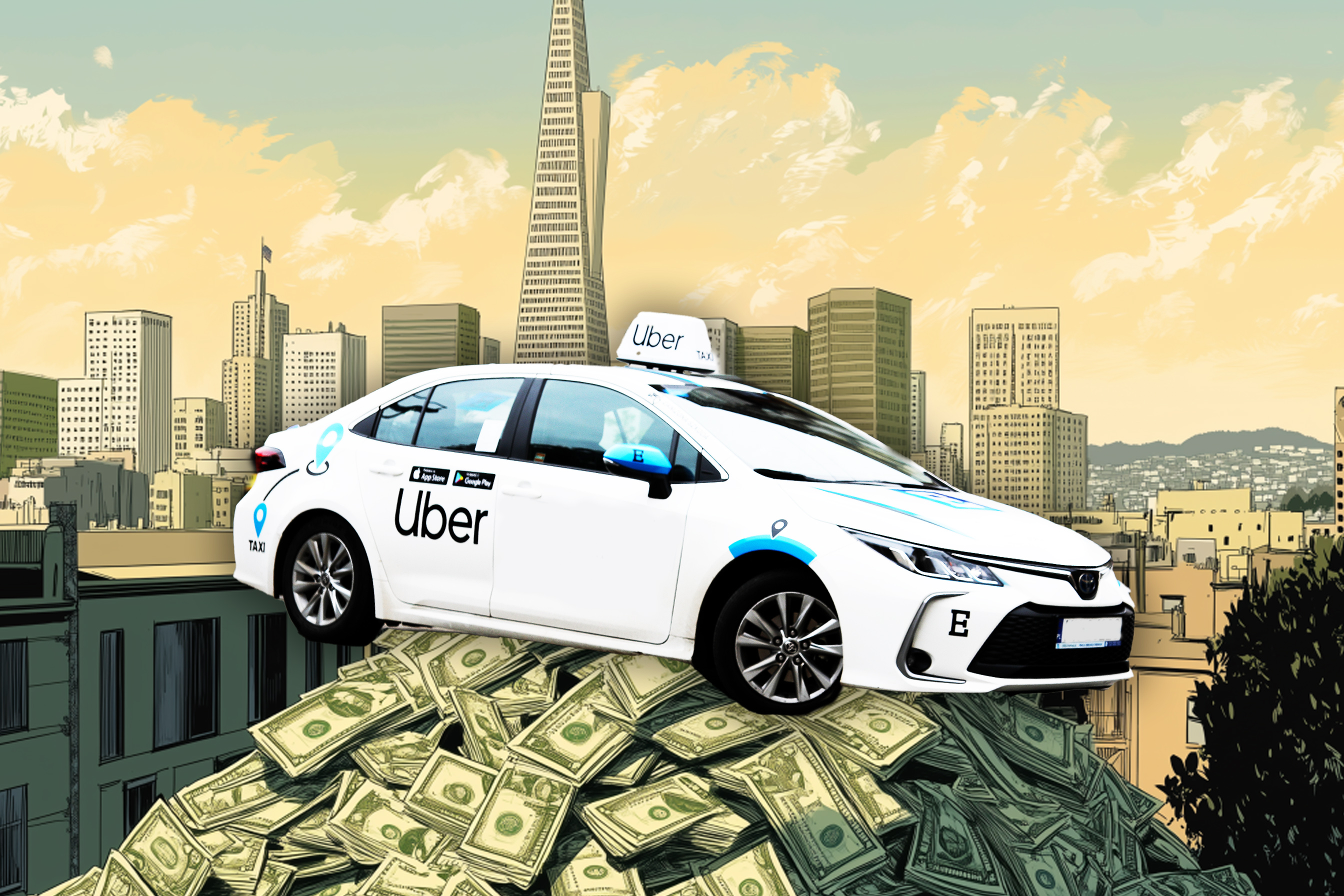 A white Uber car is perched atop a huge pile of cash in a cityscape background, featuring tall buildings under a sky with light clouds.