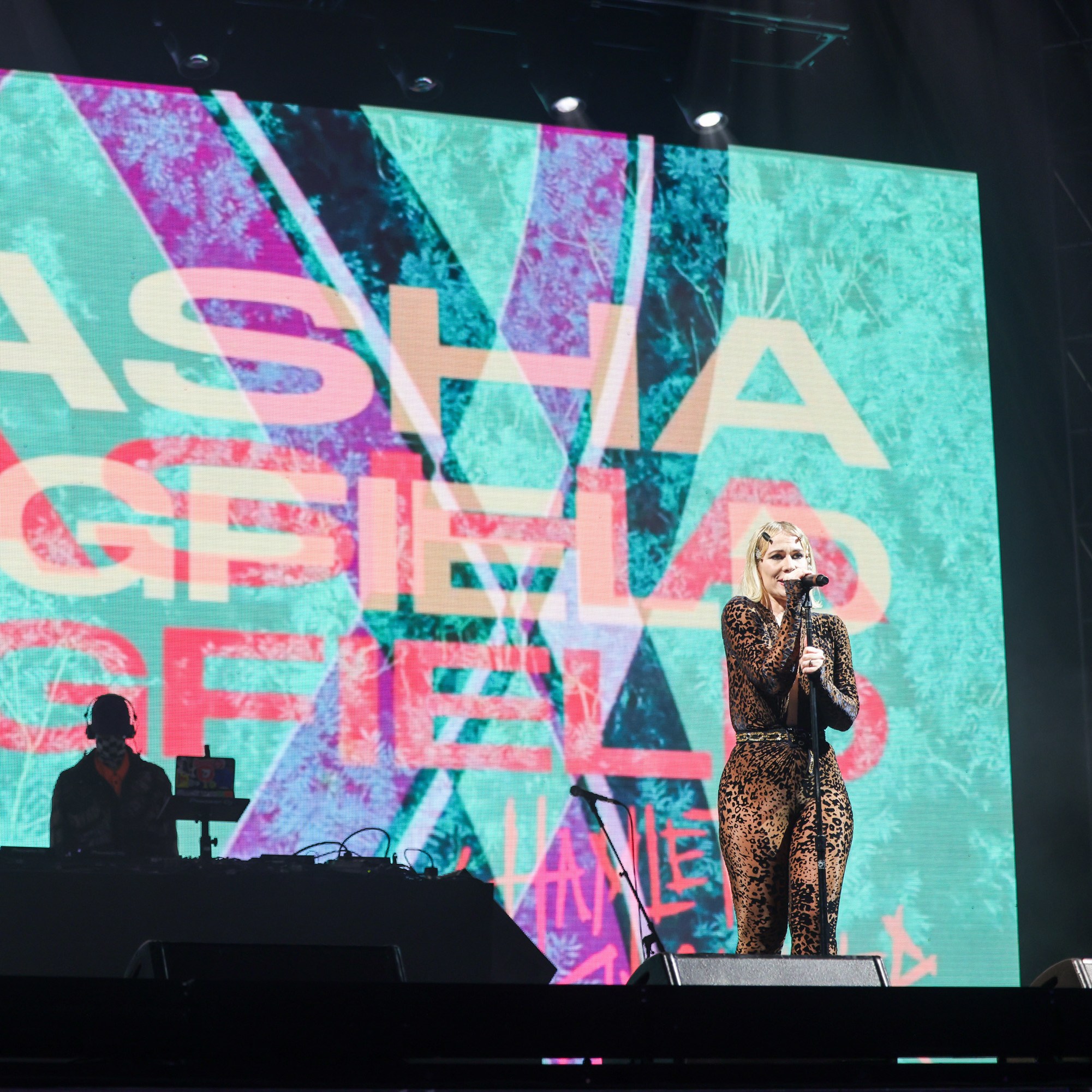 A performer in a leopard-print outfit sings into a microphone on stage. A large screen behind displays colorful graphics and the text &quot;NATASHA BEDINGFIELD.&quot;