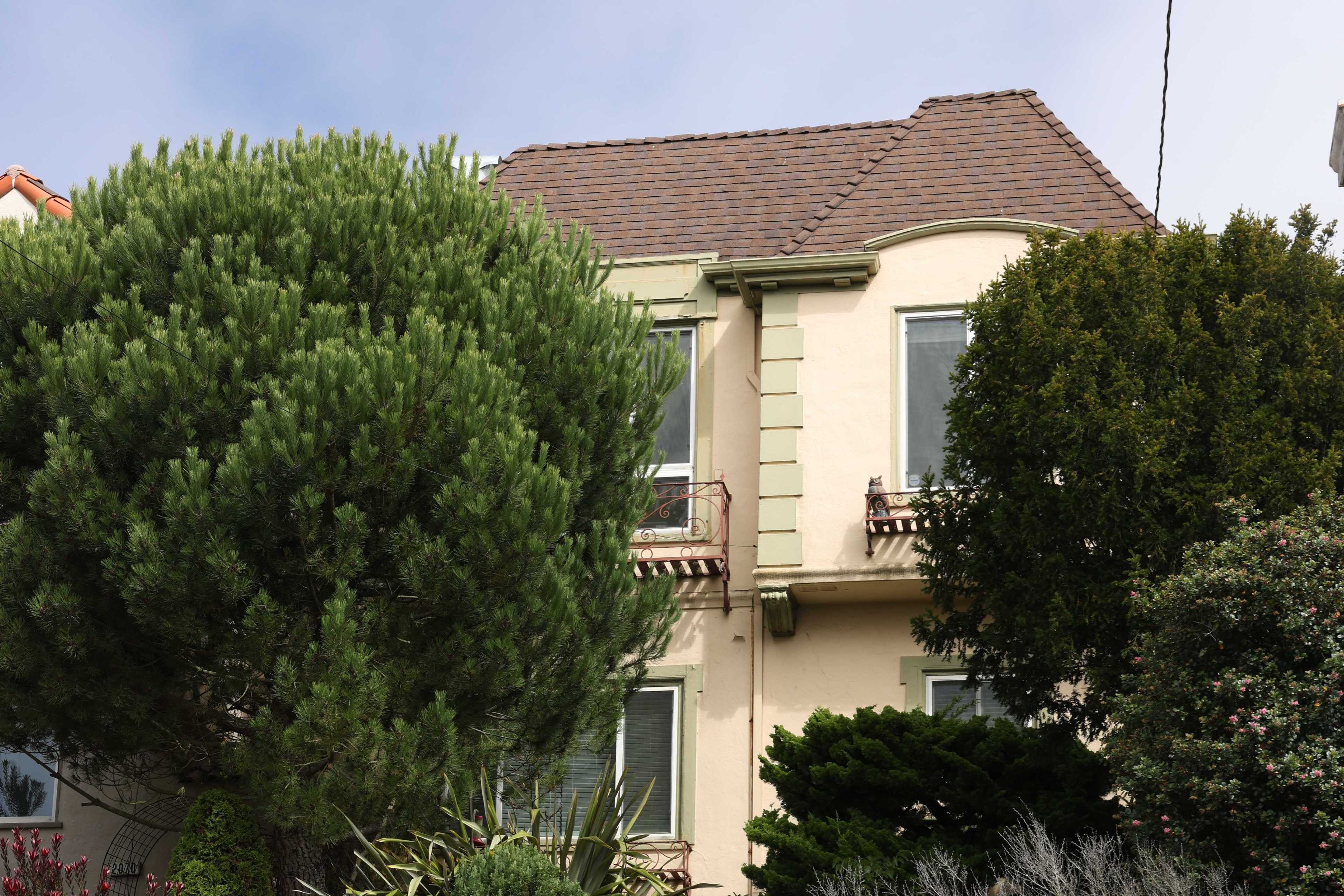 A two-story house with a steep roof is surrounded by a lush garden filled with various green plants, shrubs, and trees, located on a slight hill.