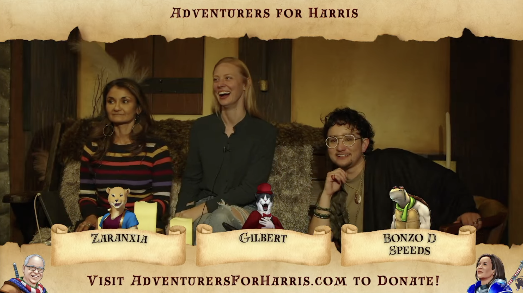 Three people are sitting, with the words &quot;Adventurers for Harris&quot; above them. Below, animated avatars of animals named Zaranxia, Gilbert, and Bonzo D. Speeds are shown.