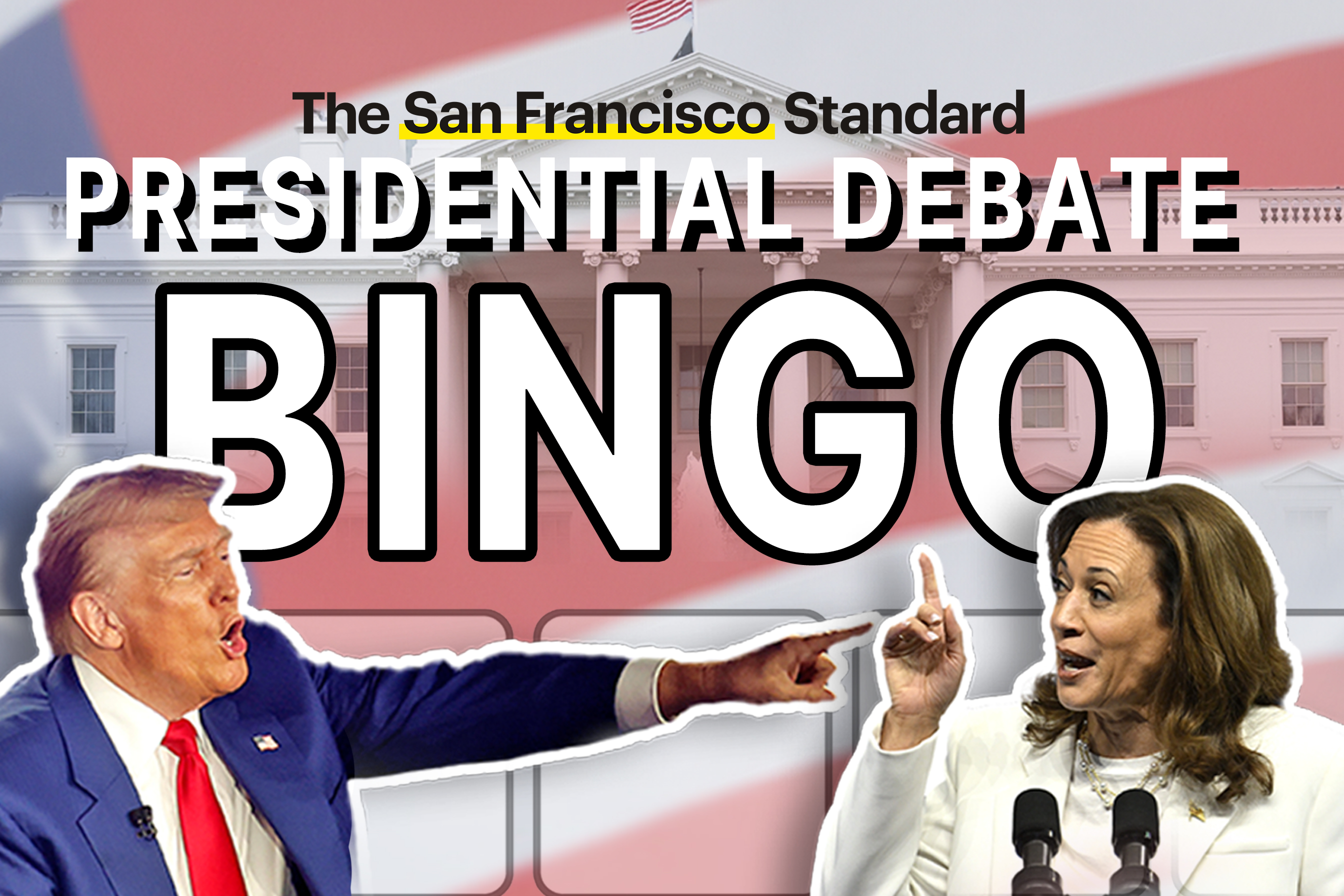 The image features a debate flyer with two politicians pointing at each other, entitled "Presidential Debate Bingo" from The San Francisco Standard.