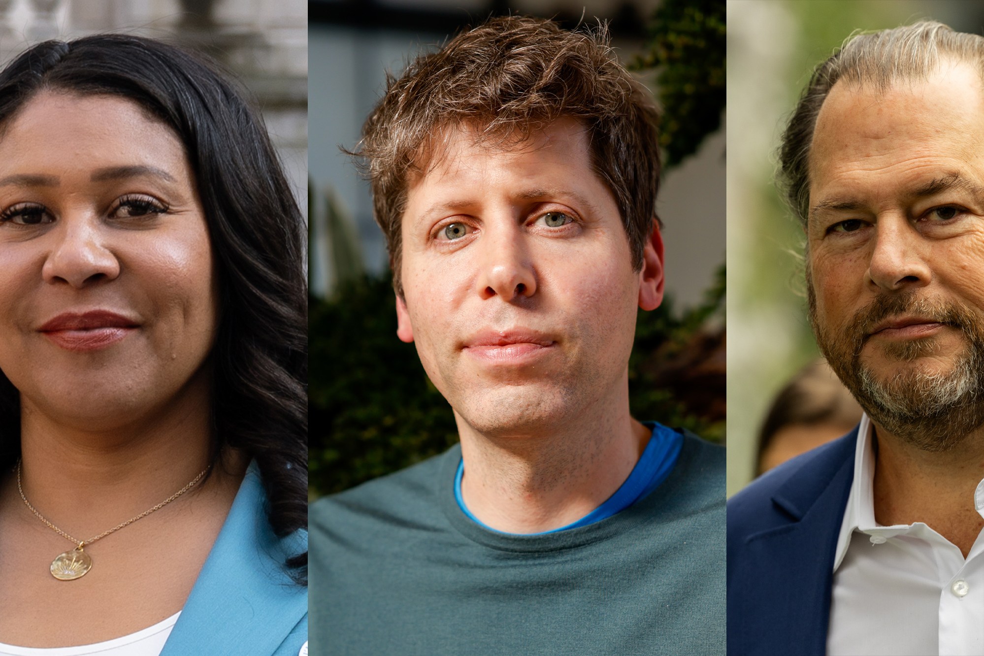 The image shows three people in a side-by-side format. The first is a woman with long dark hair wearing a light blue blazer and necklace. The second is a man with short, tousled hair and a blue shirt. The third is a man with a short beard, wearing a white shirt and blue suit jacket.