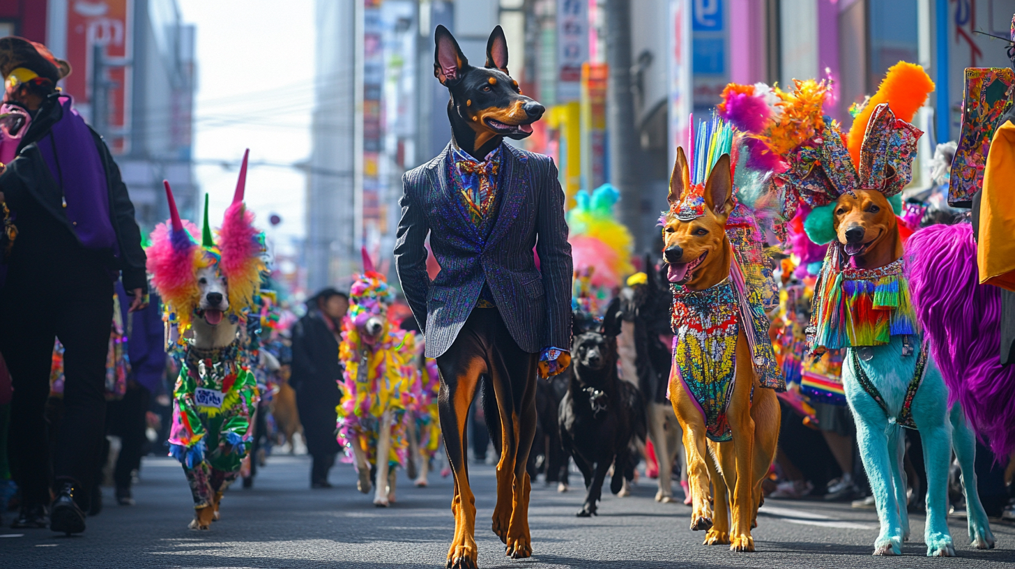 A parade of dogs dressed in vibrant, extravagant costumes with colorful feathers and accessories walks down a city street, led by a Doberman in a sharp suit.