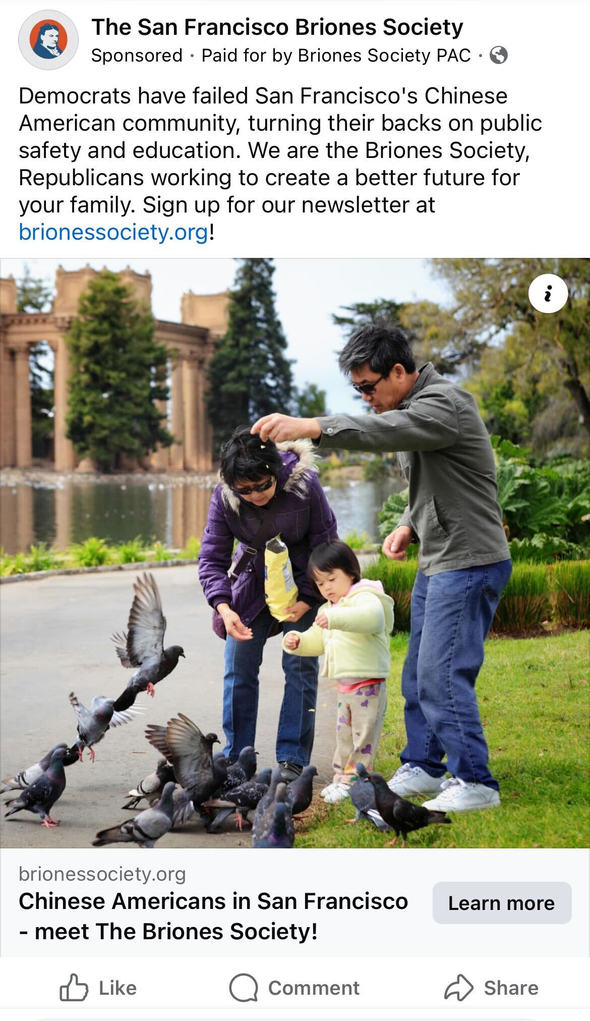 A family feeds pigeons near a pond in front of a historic building. The image is part of a political ad by the San Francisco Briones Society, advocating support for the Chinese American community.