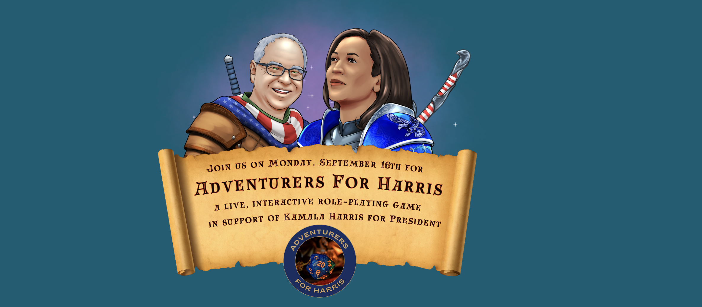 The image features two cartoon characters dressed as adventurers with text detailing an event called &quot;Adventurers for Harris,&quot; supporting Kamala Harris for President.