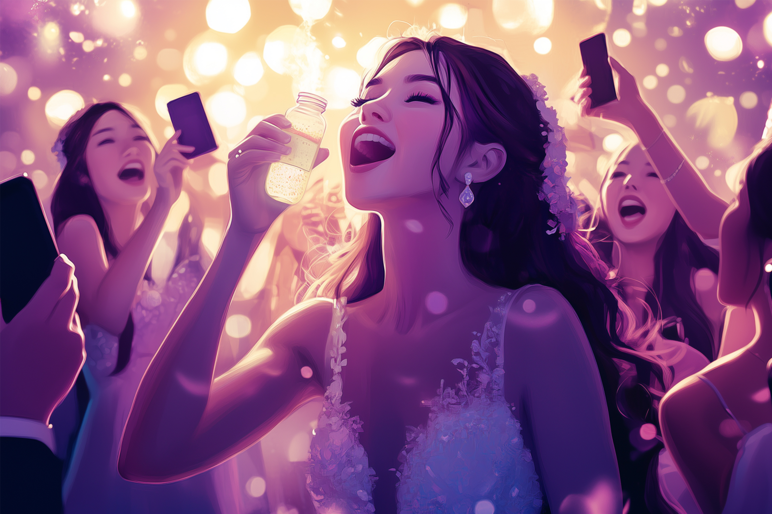 A joyful woman in a wedding dress holds a sparkling drink, surrounded by smiling friends with smartphones, under bright, celebratory lights.