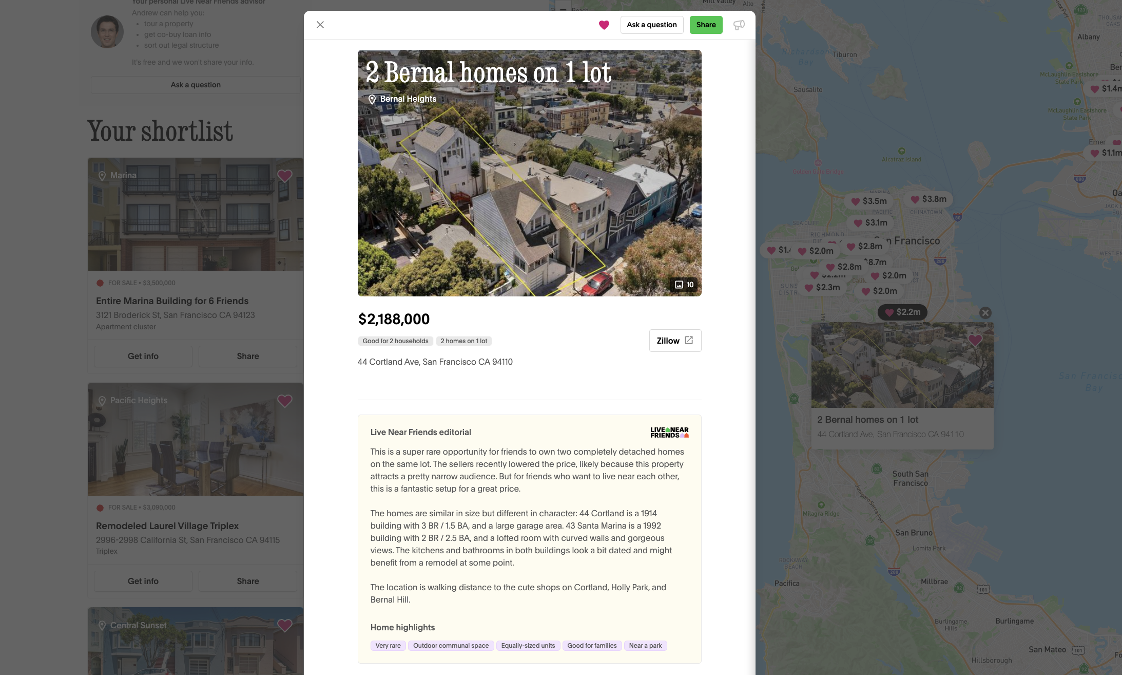 An online real estate listing shows two Bernal Heights homes on one lot for $2,188,000 in San Francisco, featuring one image of the property and a brief description.