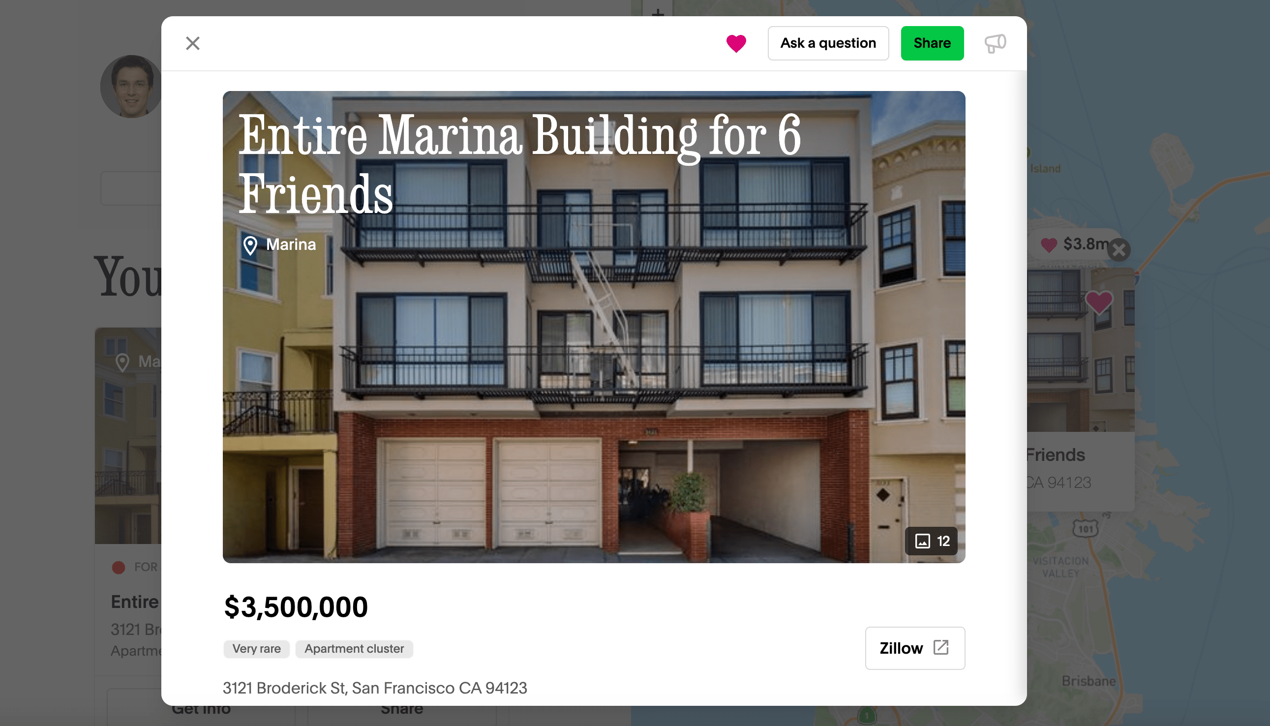 A listing for a three-story building with six large windows, fire escape, garage, and a price of $3.5 million on Zillow in San Francisco, CA, labeled &quot;Very rare&quot;.