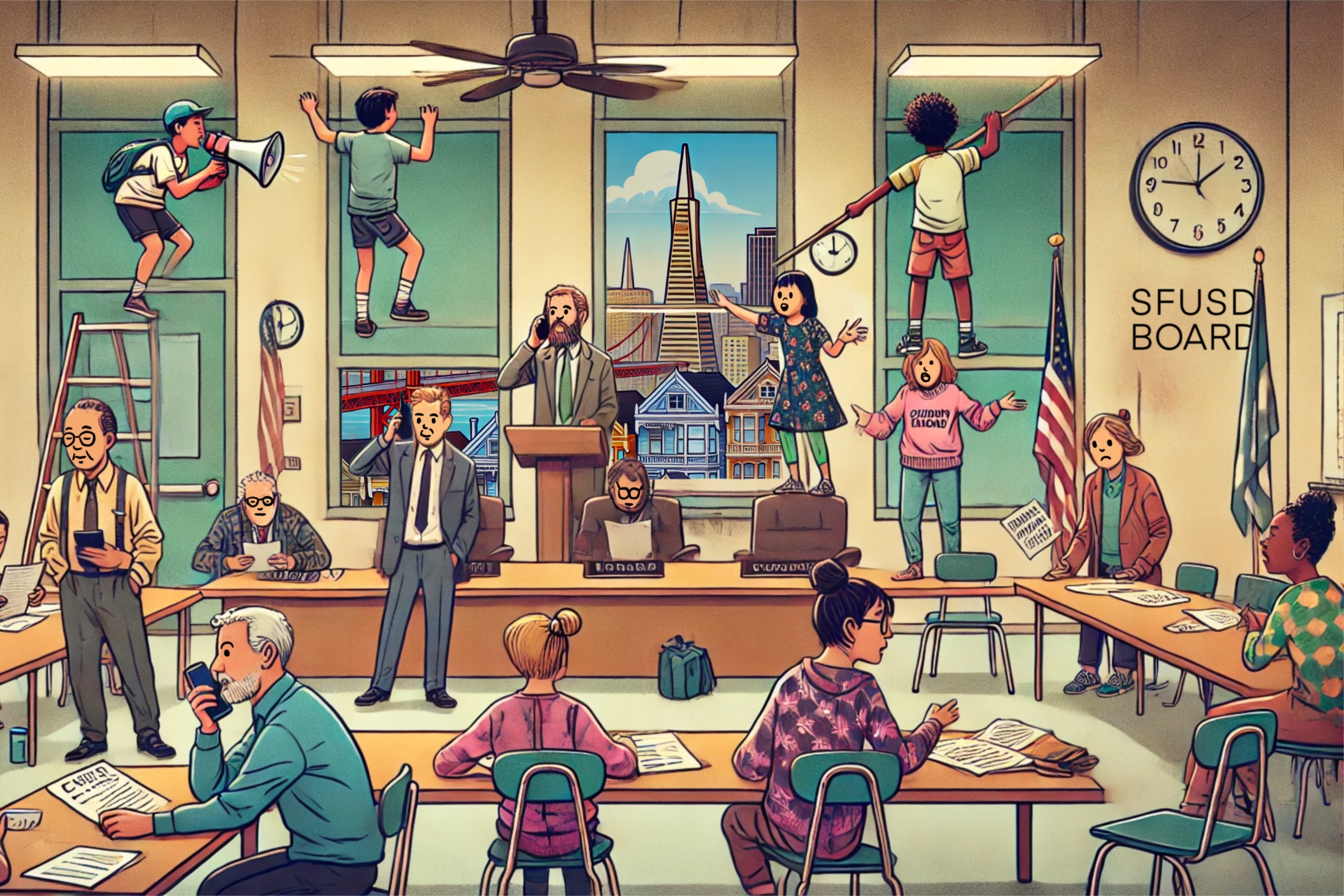 This image depicts a chaotic school board meeting with kids climbing ladders and windows; adults seem distracted, using phones or talking, while one man speaks at a podium.