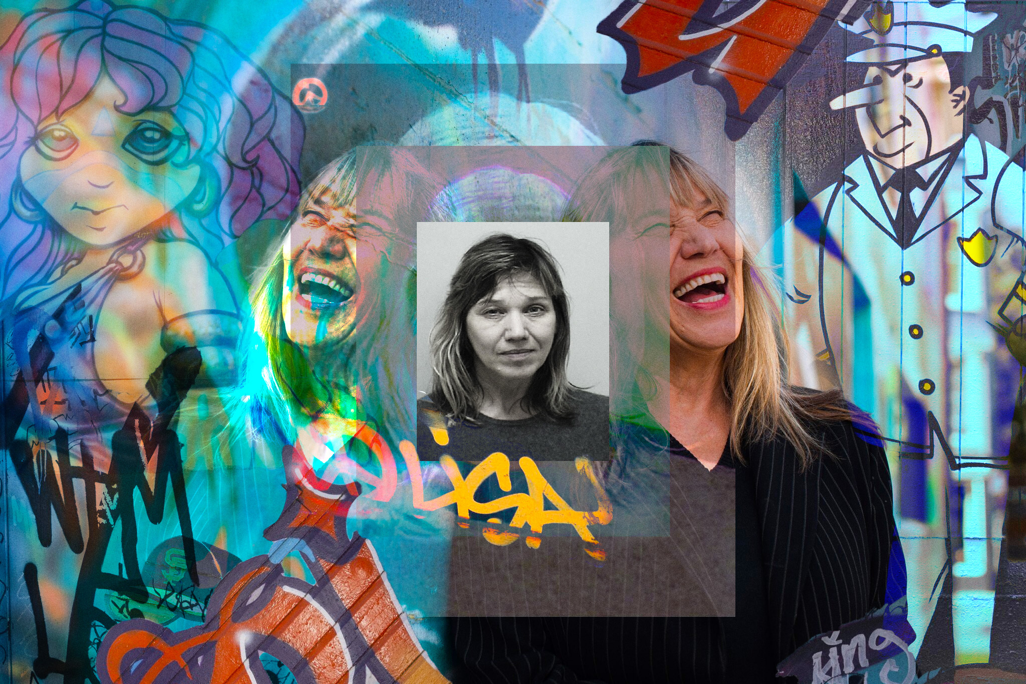 The image features a composite of graffiti art, a woman's black and white mugshot, and vibrant photos of her laughing, creating a chaotic yet artistic collage.