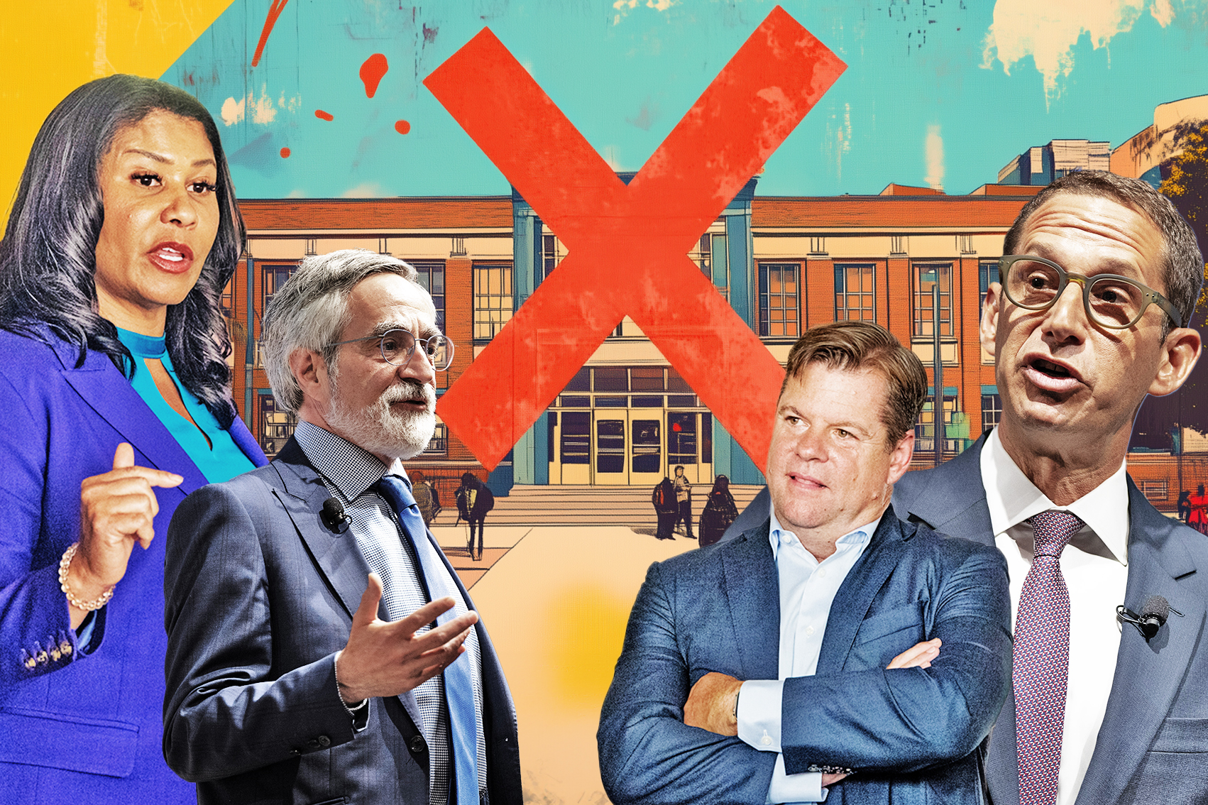 A photo illustration shows four mayoral candidates in front of a school with a red x in its center.