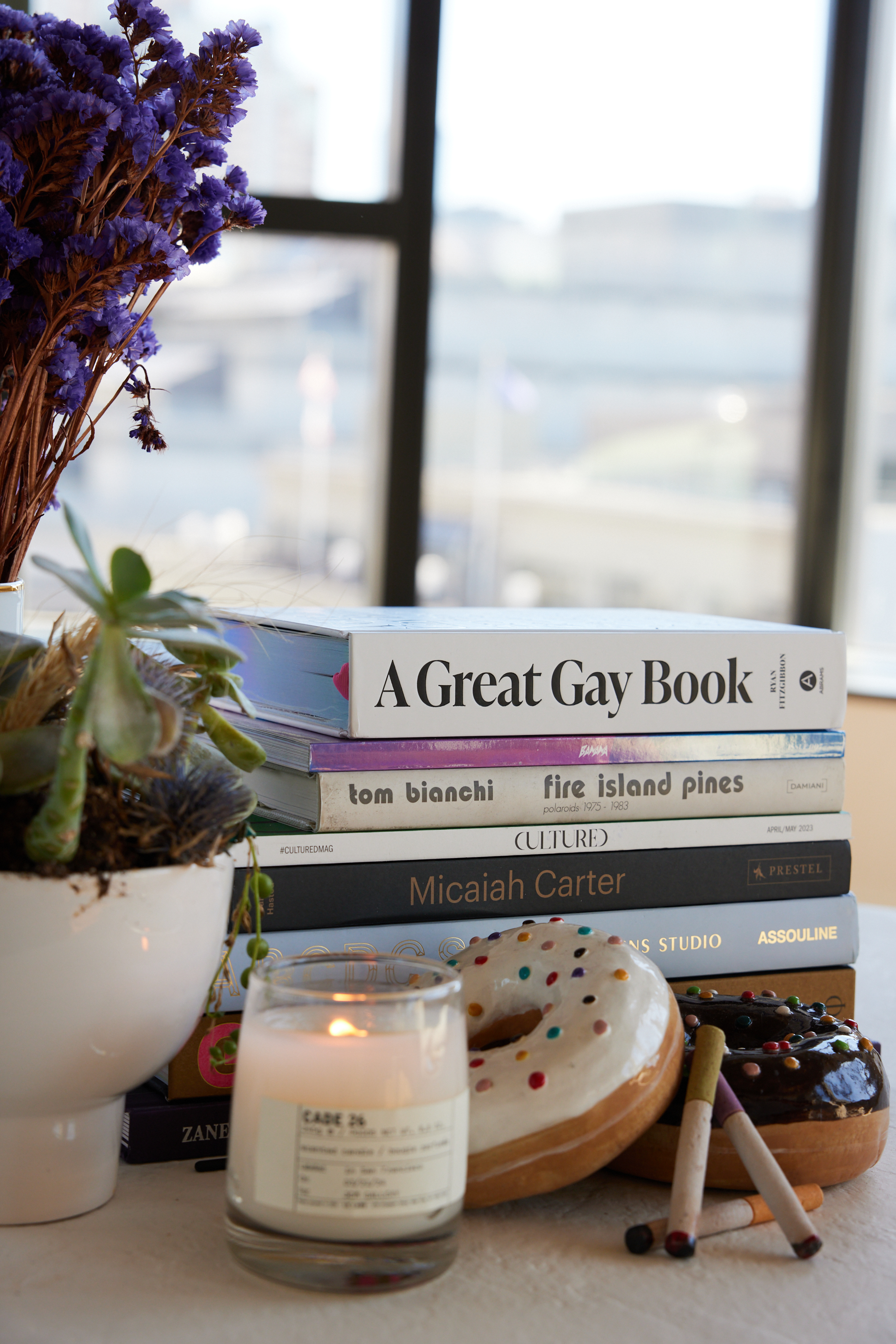 The image shows a stack of books, a lit candle, a white pot with a green plant, two large donuts with colorful sprinkles, and some rolled papers on a table.