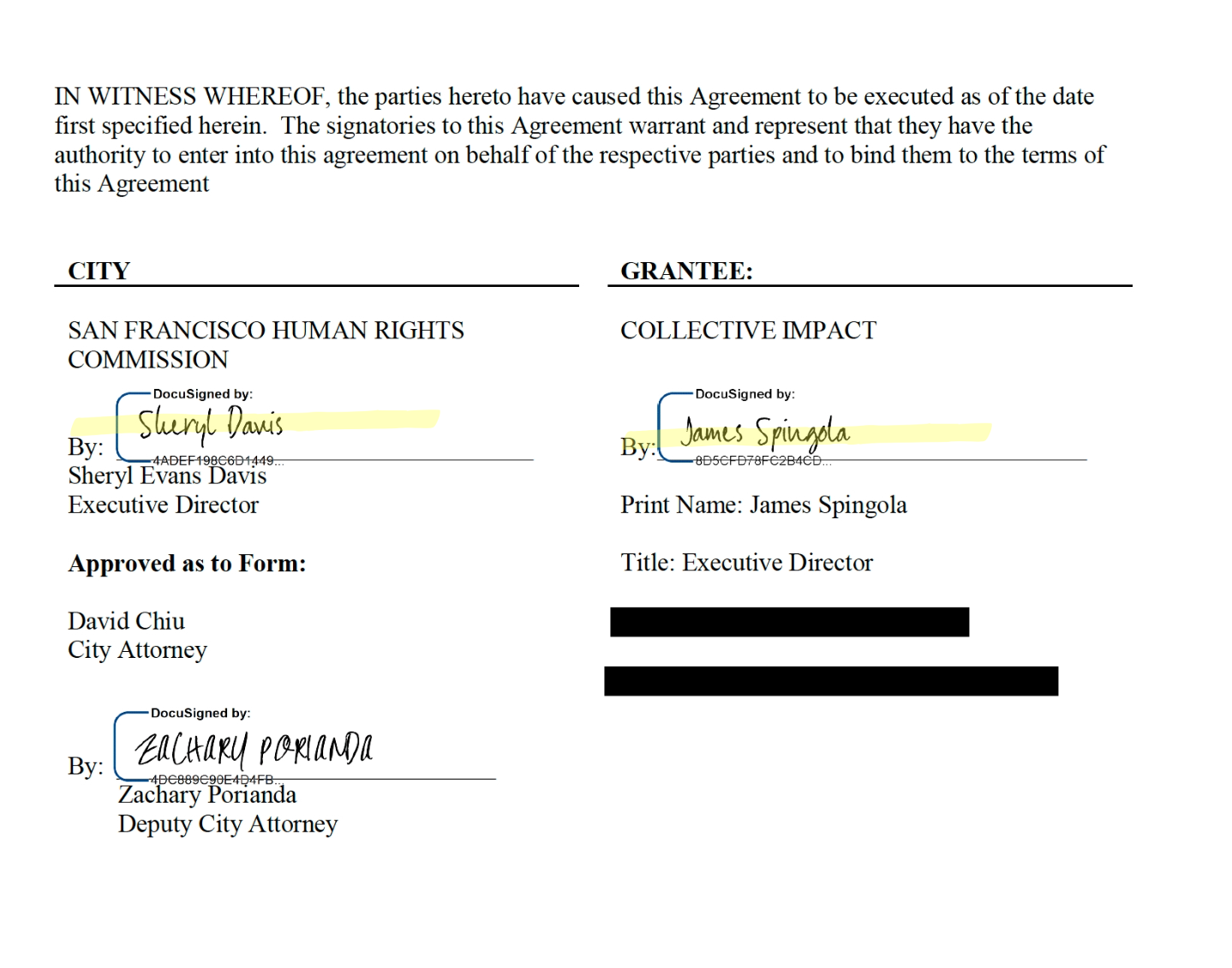 The image shows a signed agreement between the San Francisco Human Rights Commission and Collective Impact, with signatures from Sheryl Evans Davis and James Spingola.